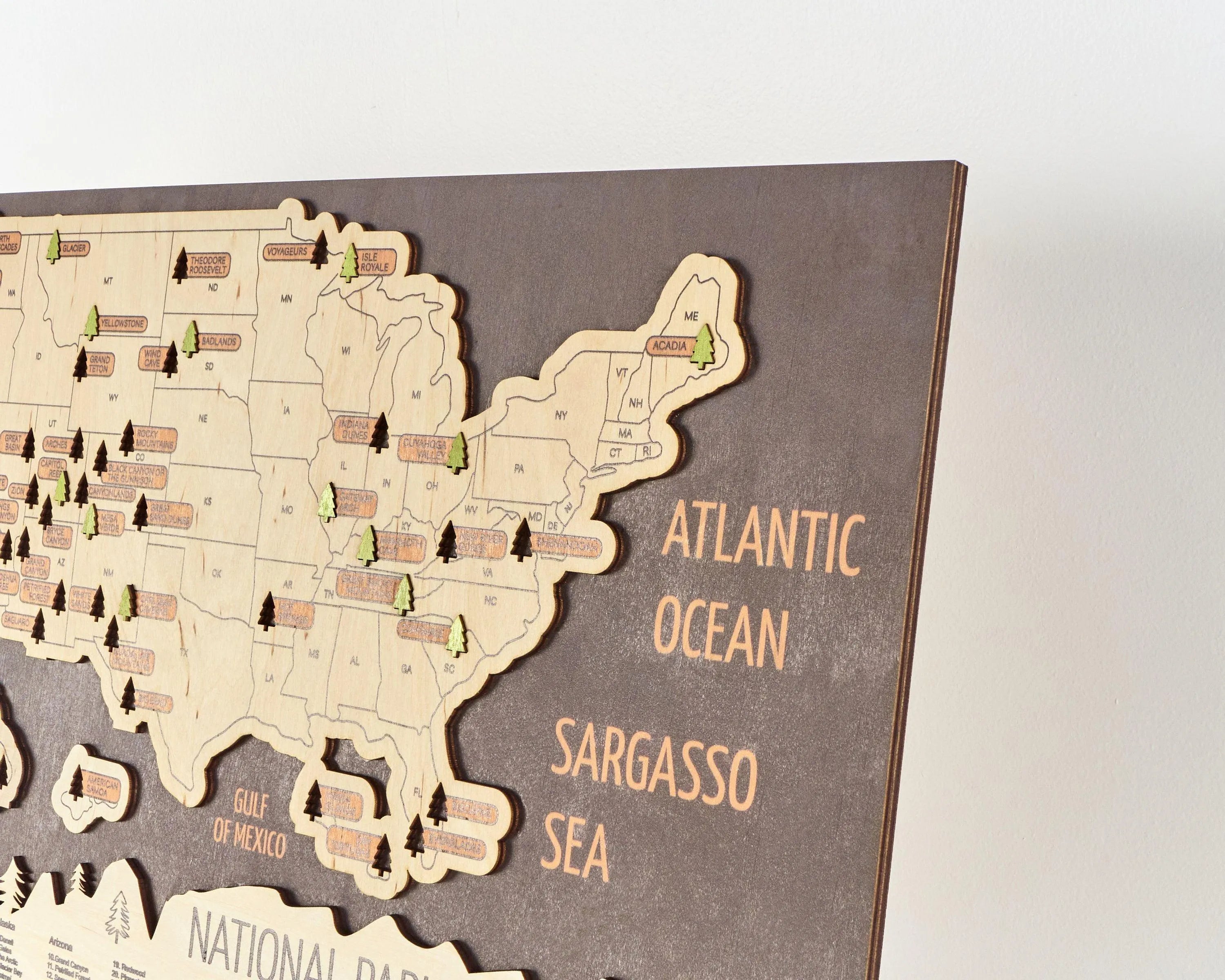 US 3D Wooden National Parks Travel Map With Trees To Record Park Visits (New Coffee) - Lemap