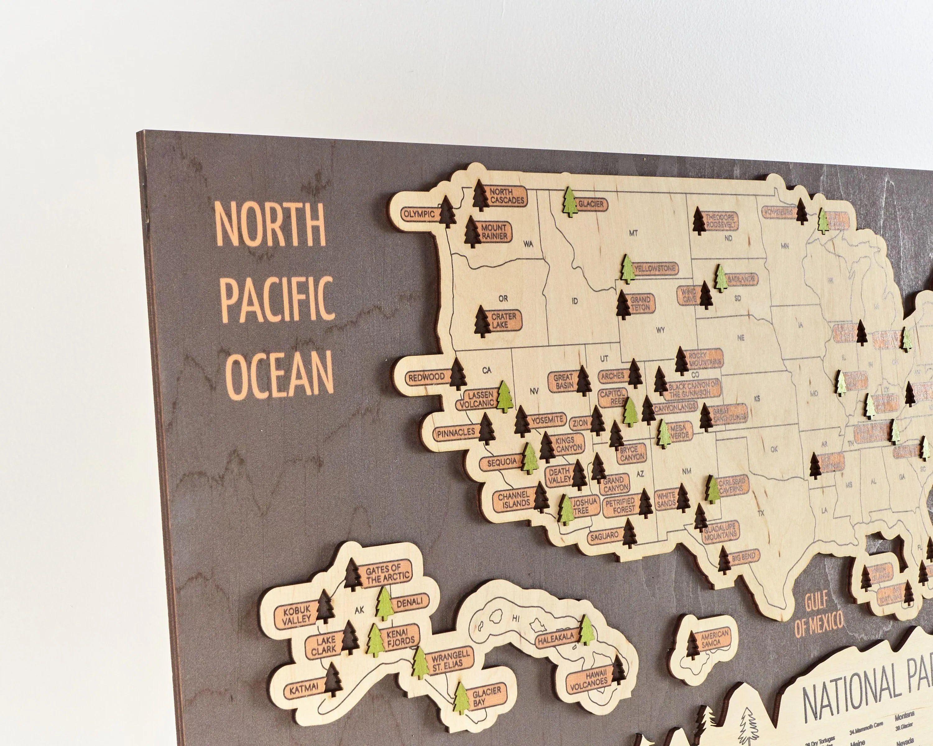 US 3D Wooden National Parks Travel Map With Trees To Record Park Visits (New Coffee) - Lemap