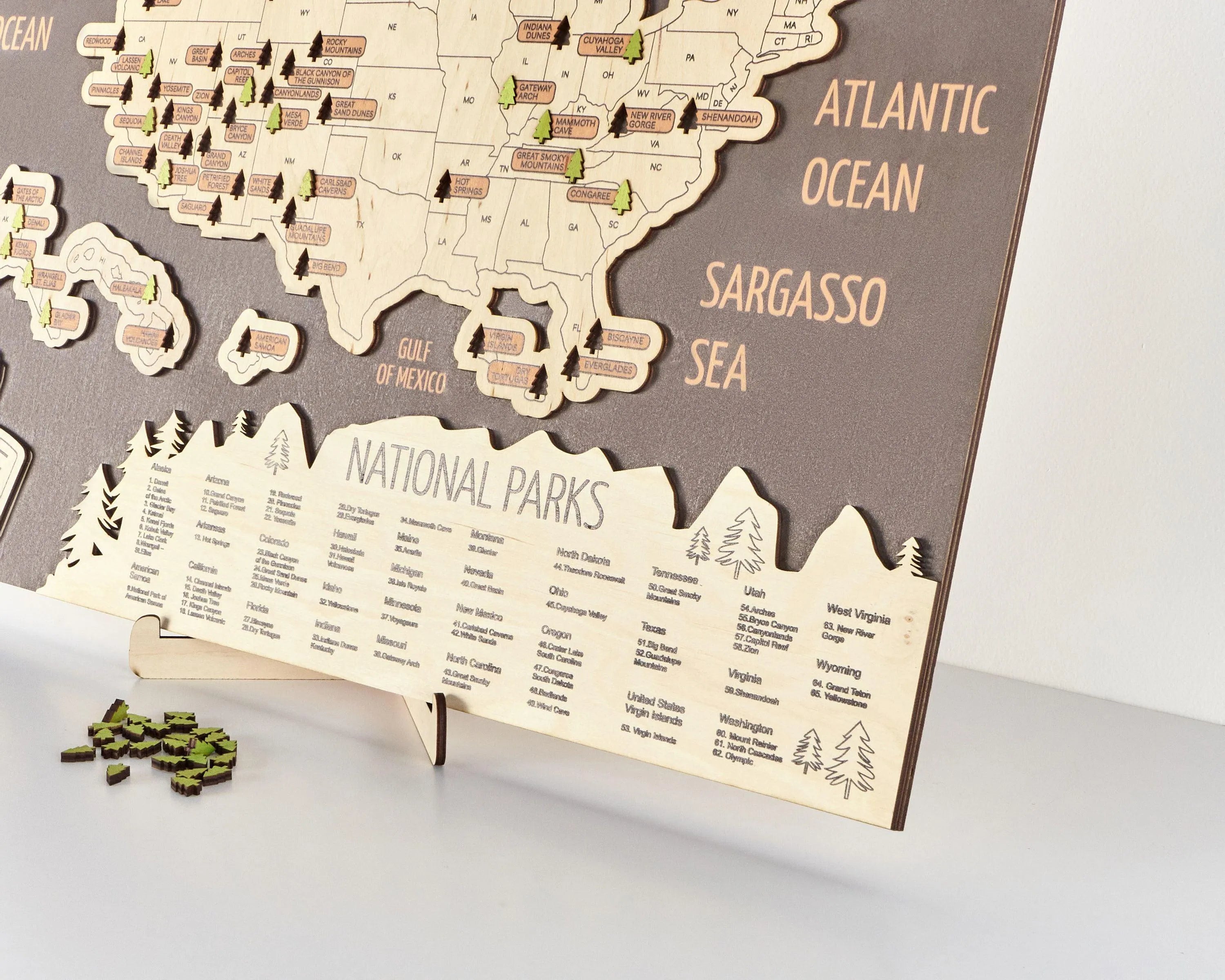 US 3D Wooden National Parks Travel Map With Trees To Record Park Visits (New Coffee) - Lemap