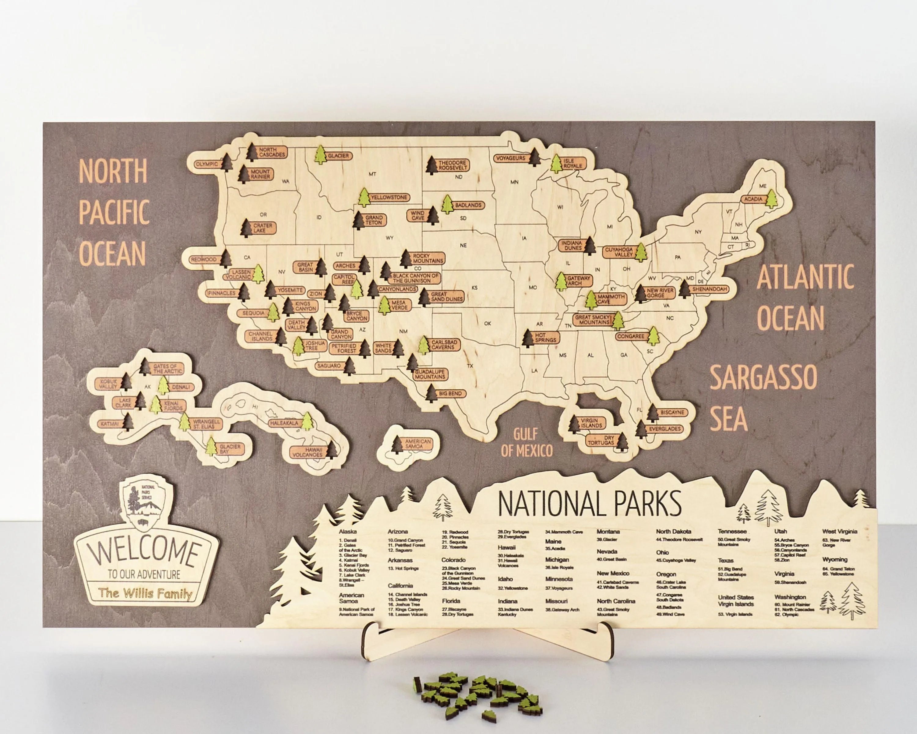 US 3D Wooden National Parks Travel Map With Trees To Record Park Visits (New Coffee) - Lemap