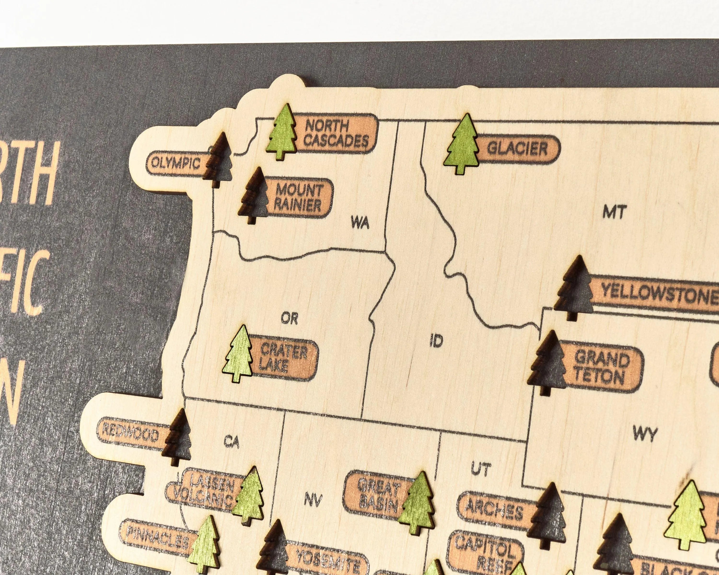 US 3D Wooden National Parks Travel Map With Trees To Record Park Visits (New Dark) - Lemap