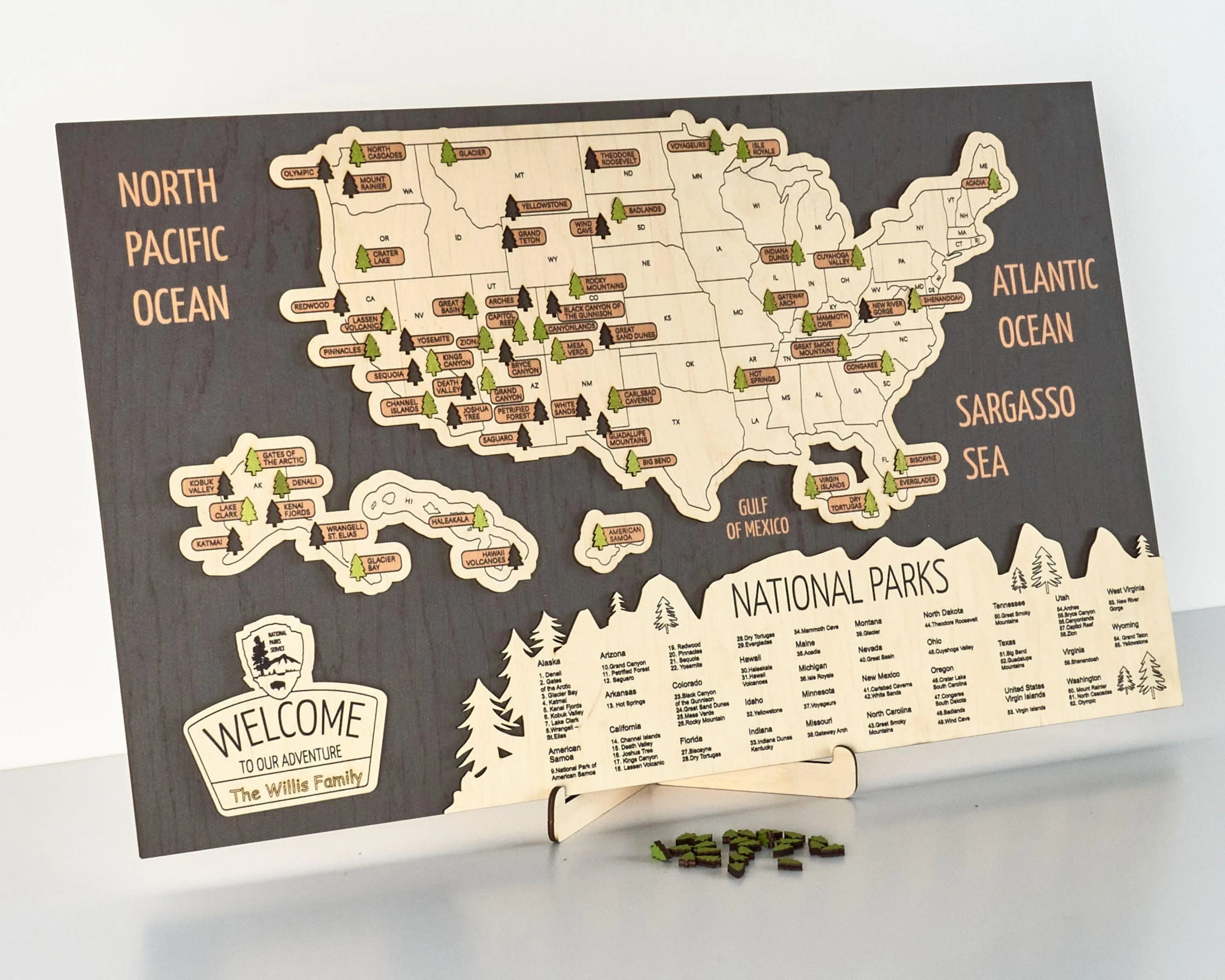 US 3D Wooden National Parks Travel Map With Trees To Record Park Visits (New Dark) - Lemap