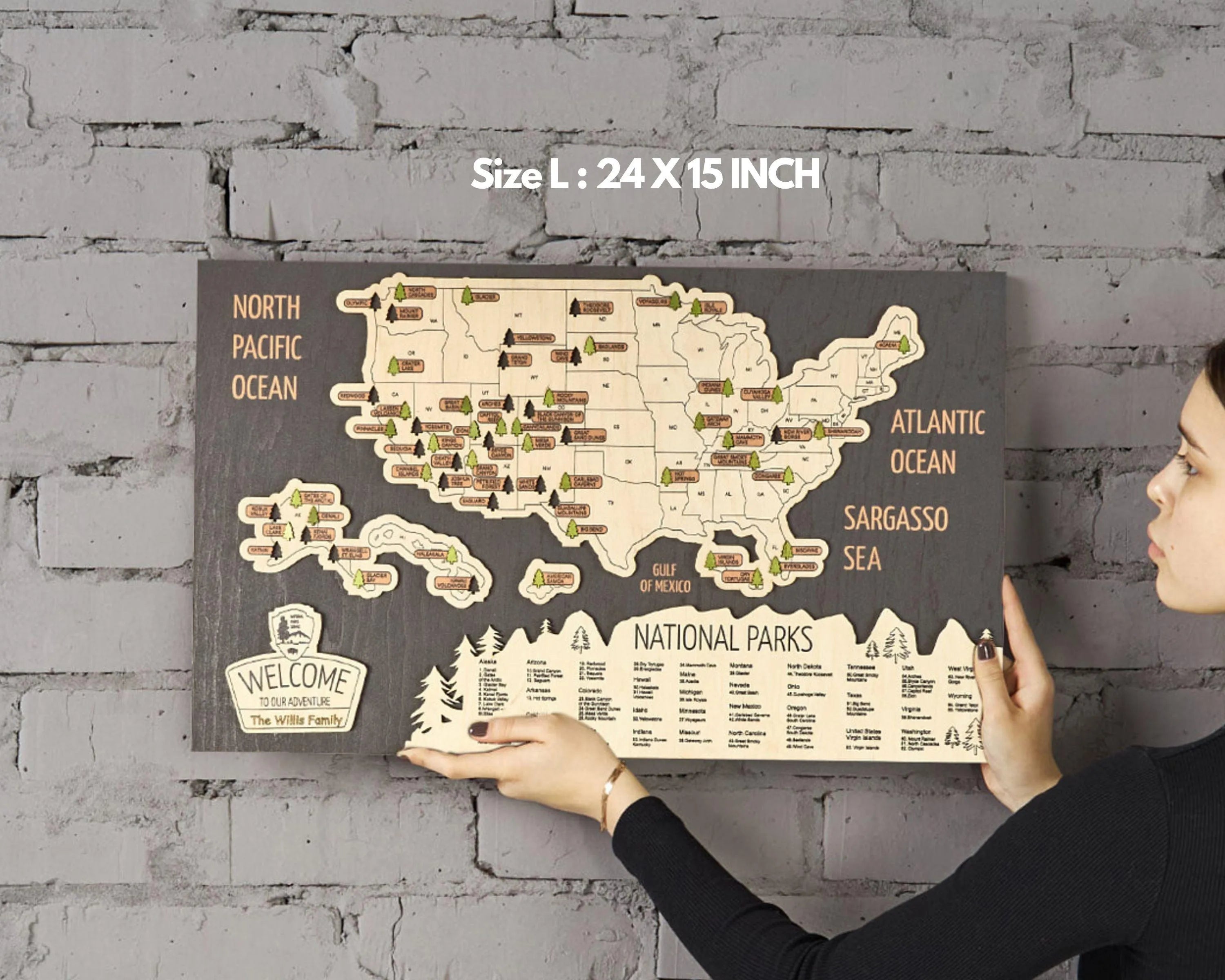 US 3D Wooden National Parks Travel Map With Trees To Record Park Visits (New Dark) - Lemap