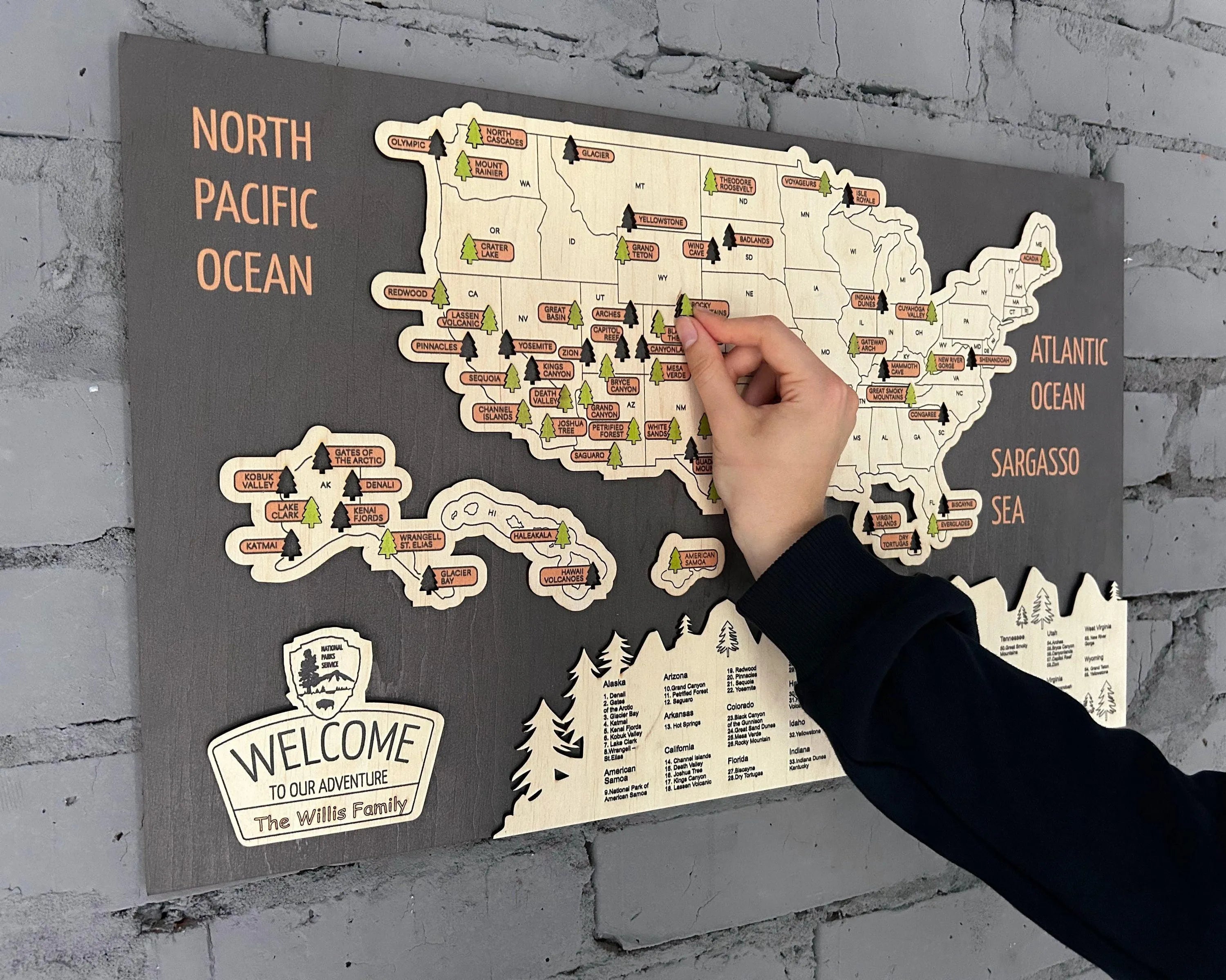 US 3D Wooden National Parks Travel Map With Trees To Record Park Visits (New Dark) - Lemap