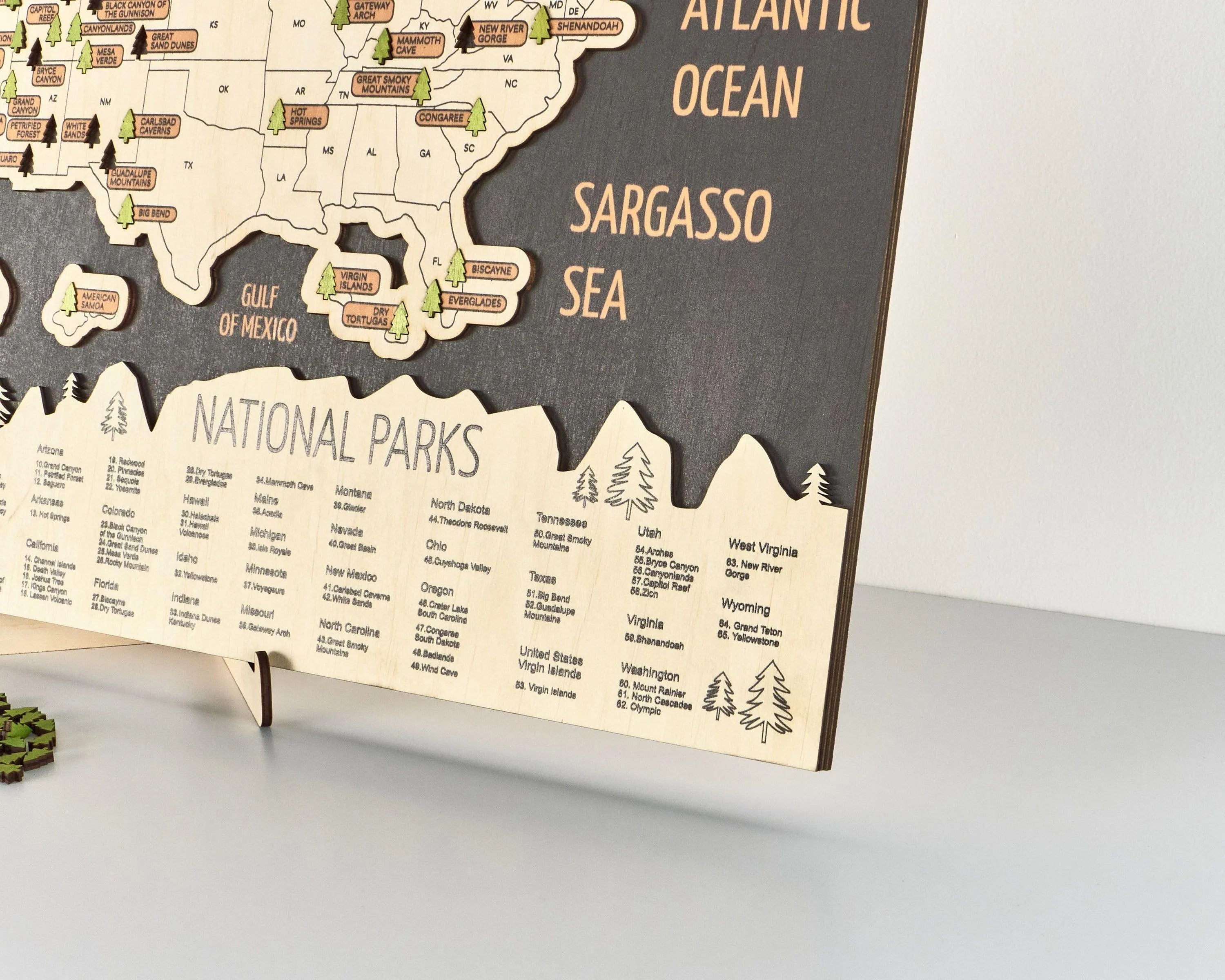 US 3D Wooden National Parks Travel Map With Trees To Record Park Visits (New Dark) - Lemap