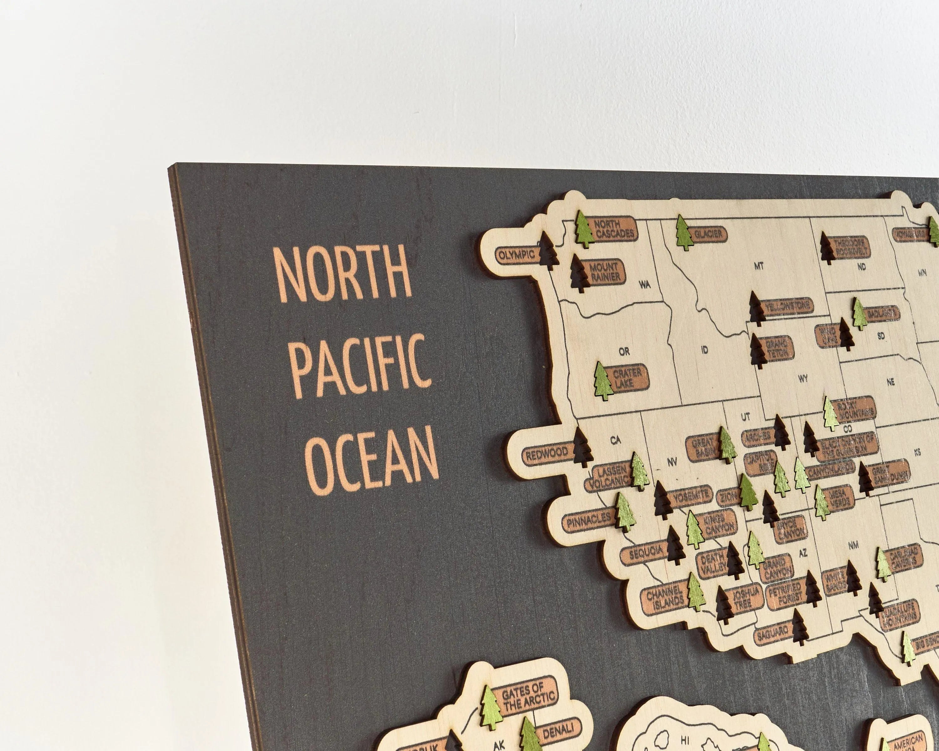 US 3D Wooden National Parks Travel Map With Trees To Record Park Visits (New Dark) - Lemap