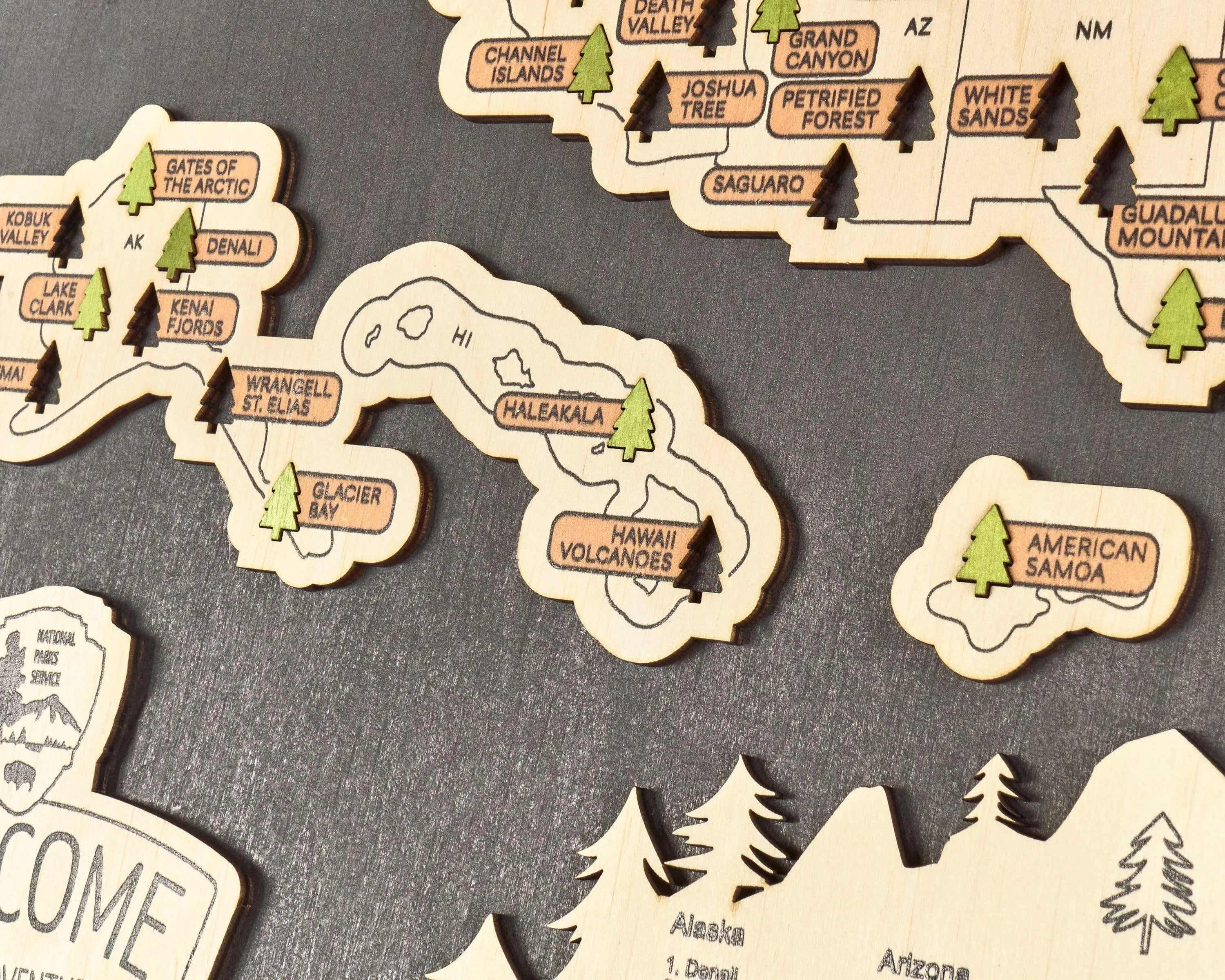 US 3D Wooden National Parks Travel Map With Trees To Record Park Visits (New Dark) - Lemap