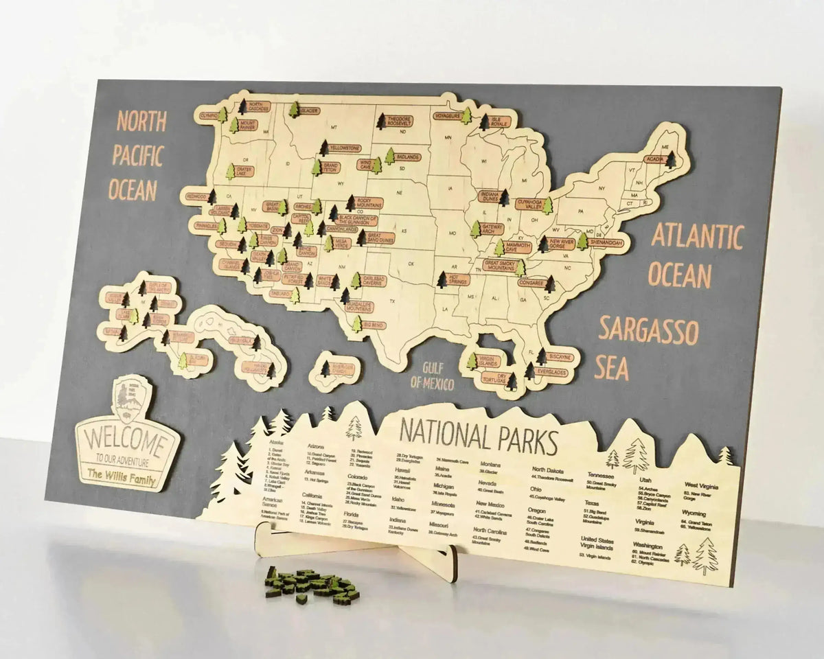 US 3D Wooden National Parks Travel Map With Trees To Record Park Visits ...