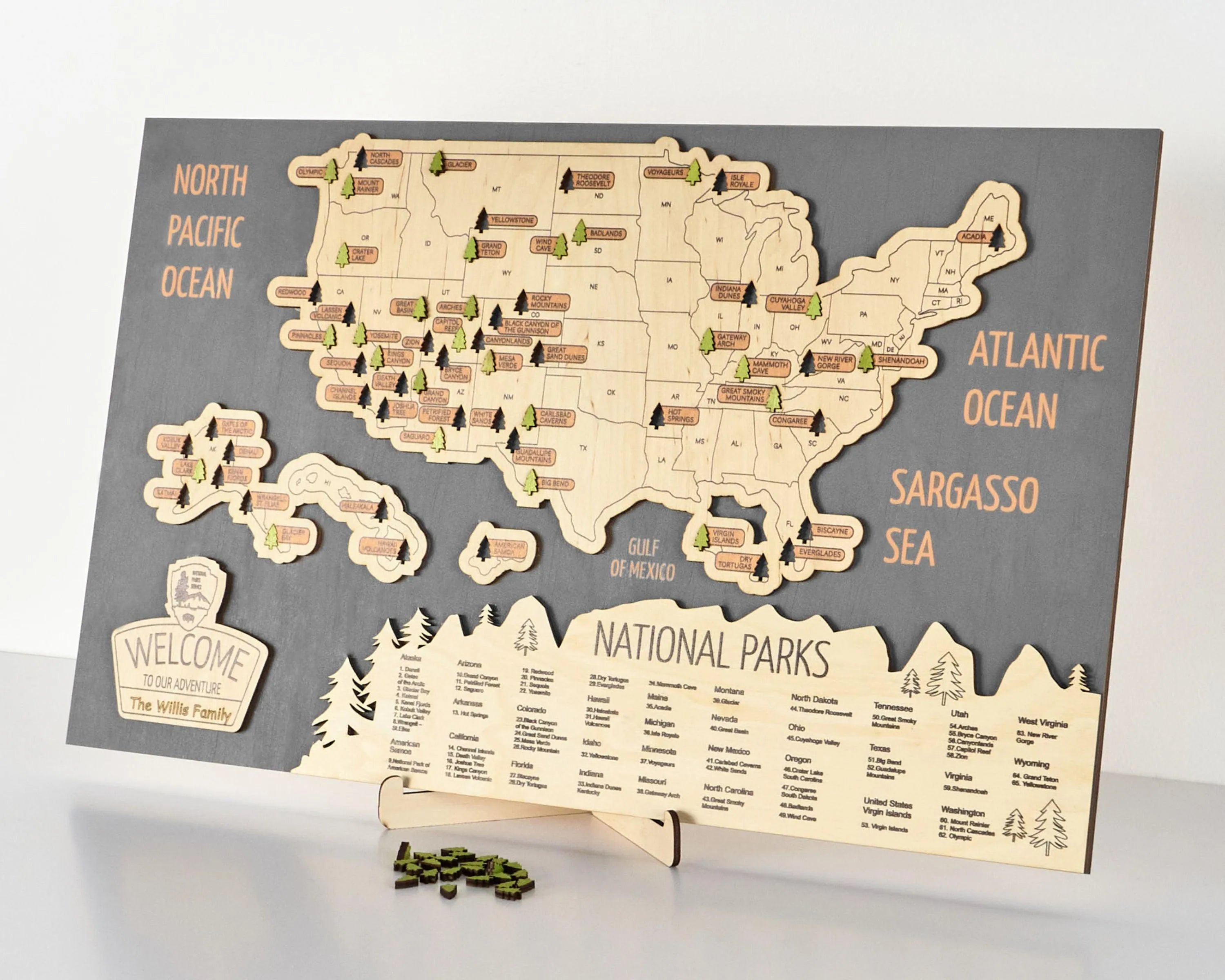 US 3D Wooden National Parks Travel Map With Trees To Record Park Visits (New Grey) - Lemap