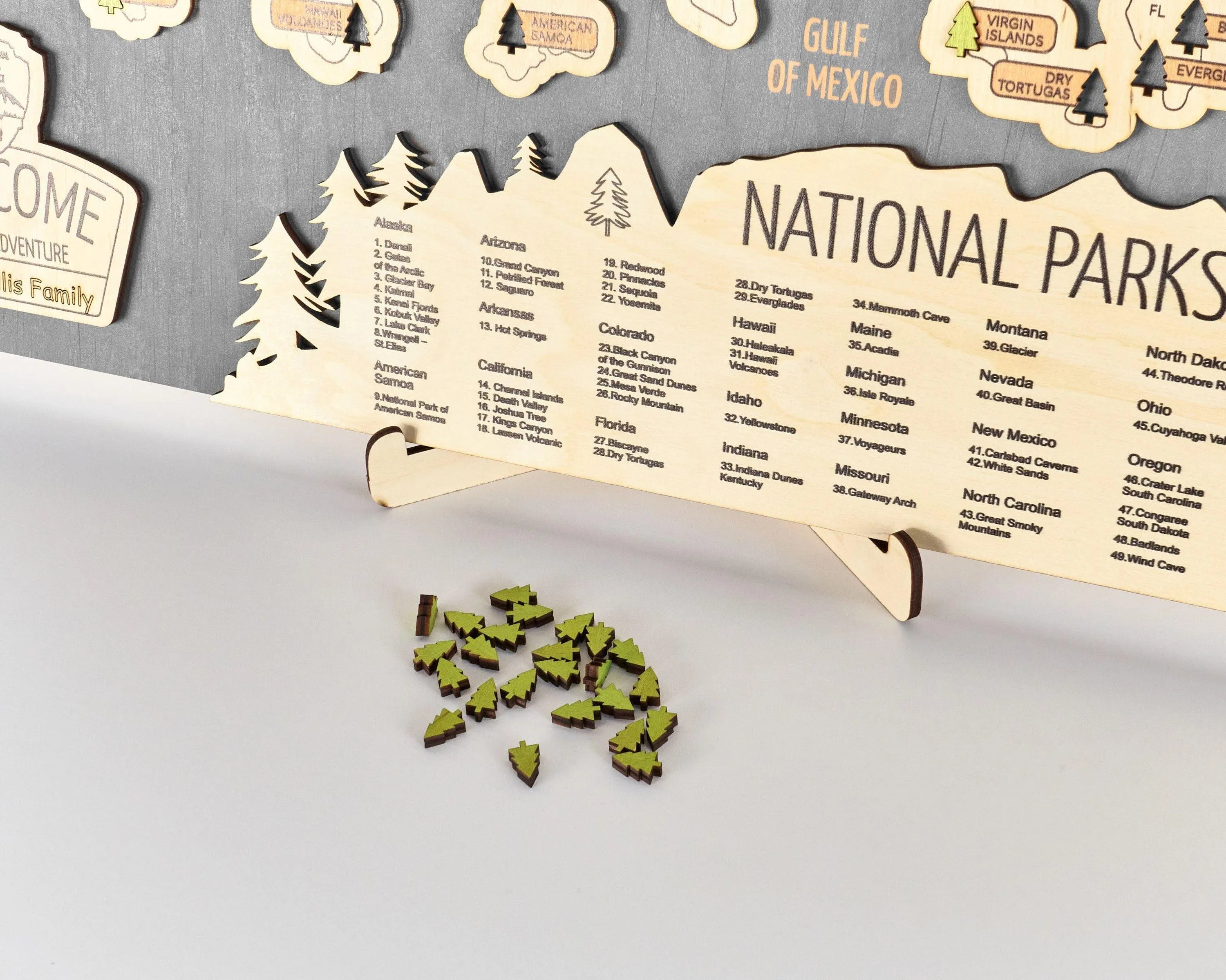 US 3D Wooden National Parks Travel Map With Trees To Record Park Visits (New Grey) - Lemap