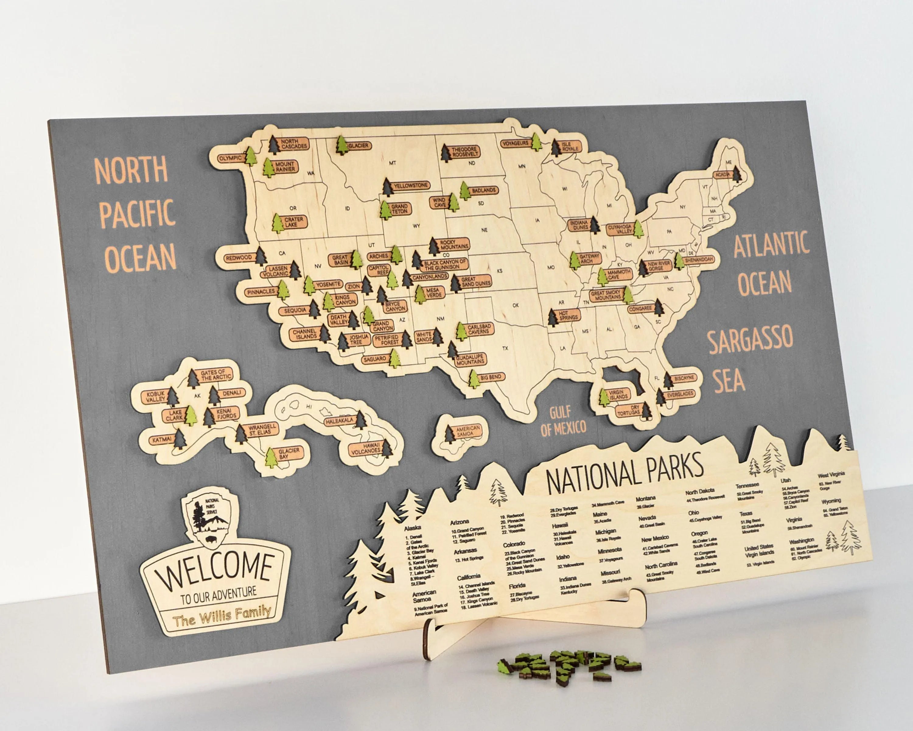 US 3D Wooden National Parks Travel Map With Trees To Record Park Visits (New Grey) - Lemap