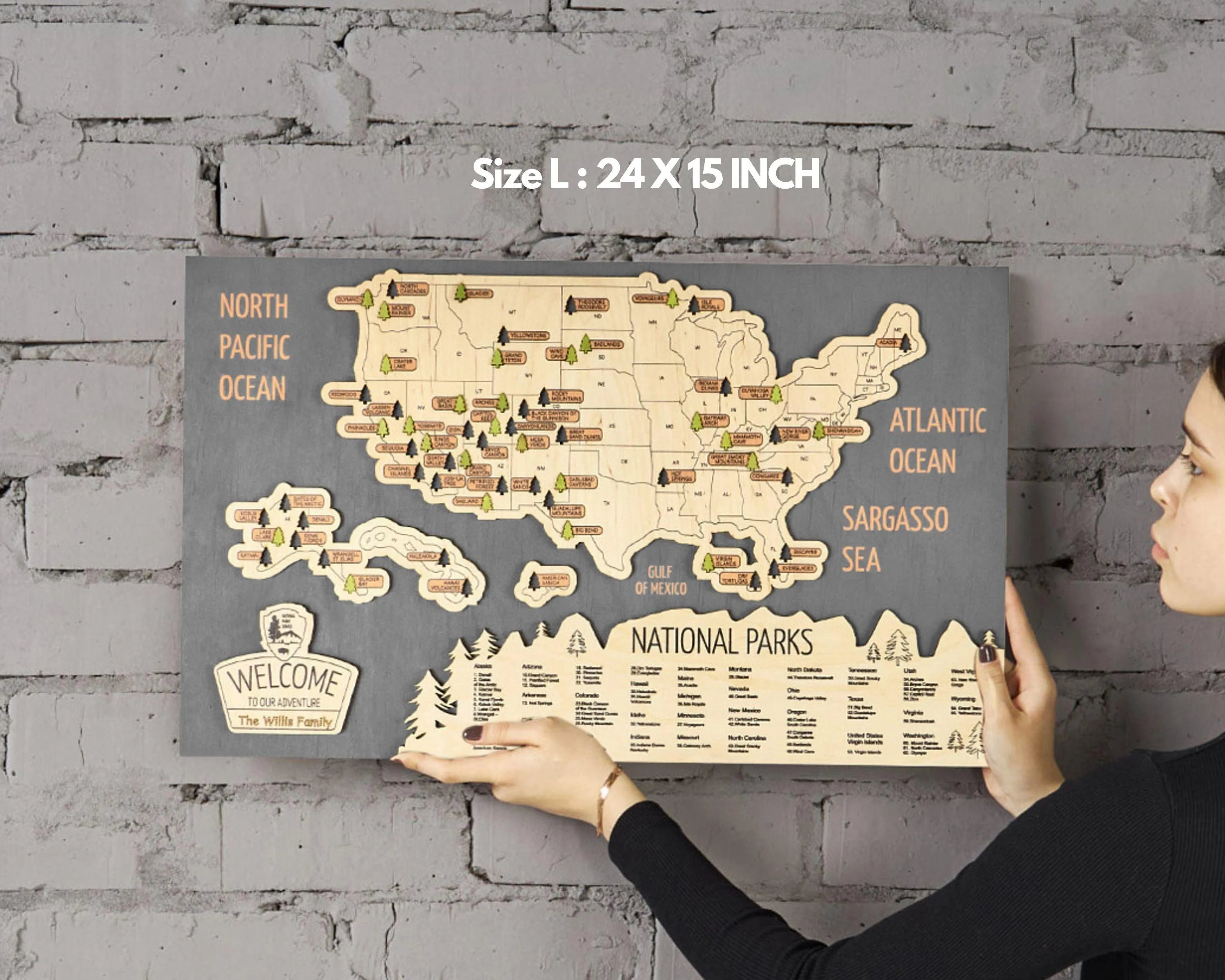 US 3D Wooden National Parks Travel Map With Trees To Record Park Visits (New Grey) - Lemap