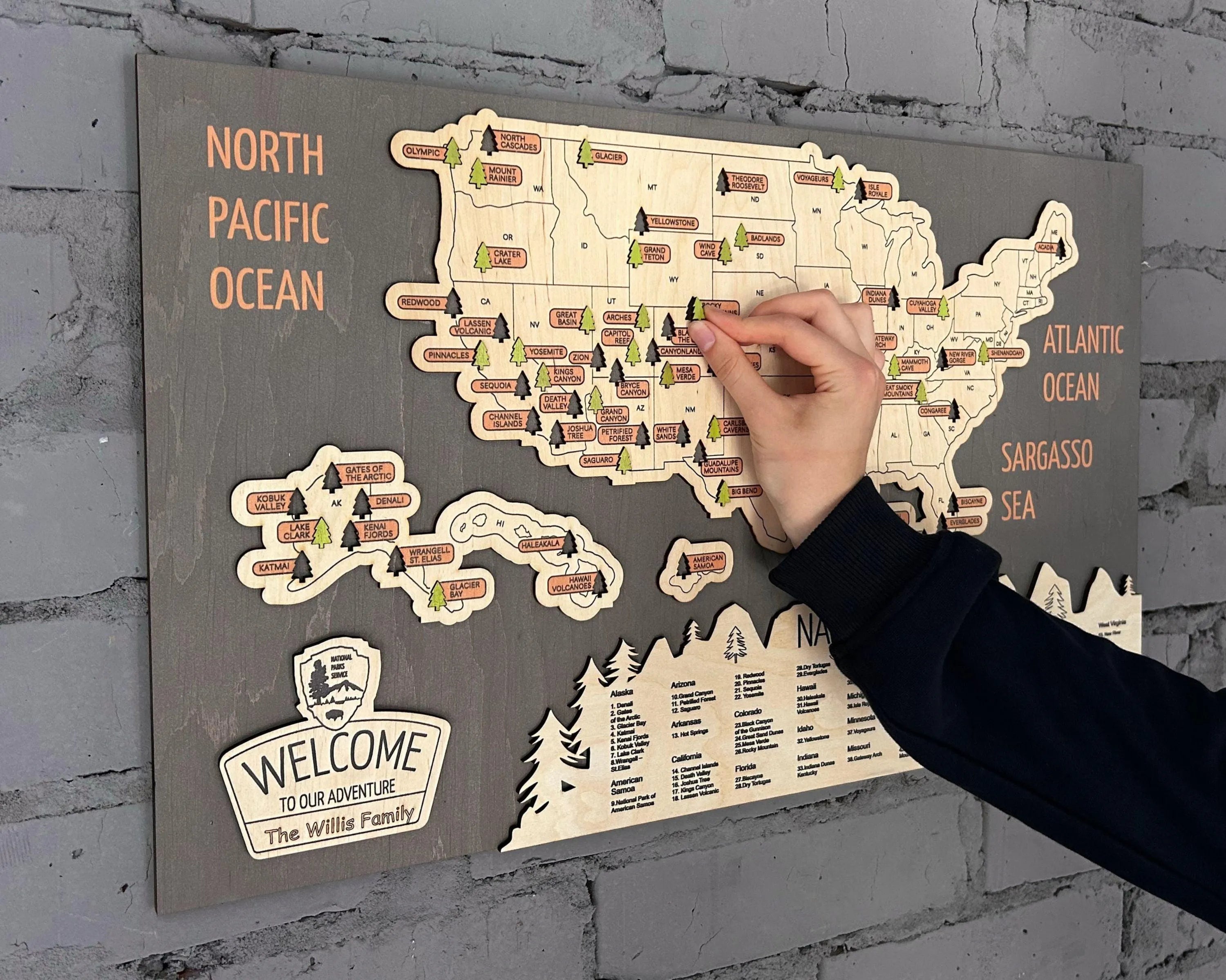 US 3D Wooden National Parks Travel Map With Trees To Record Park Visits (New Grey) - Lemap