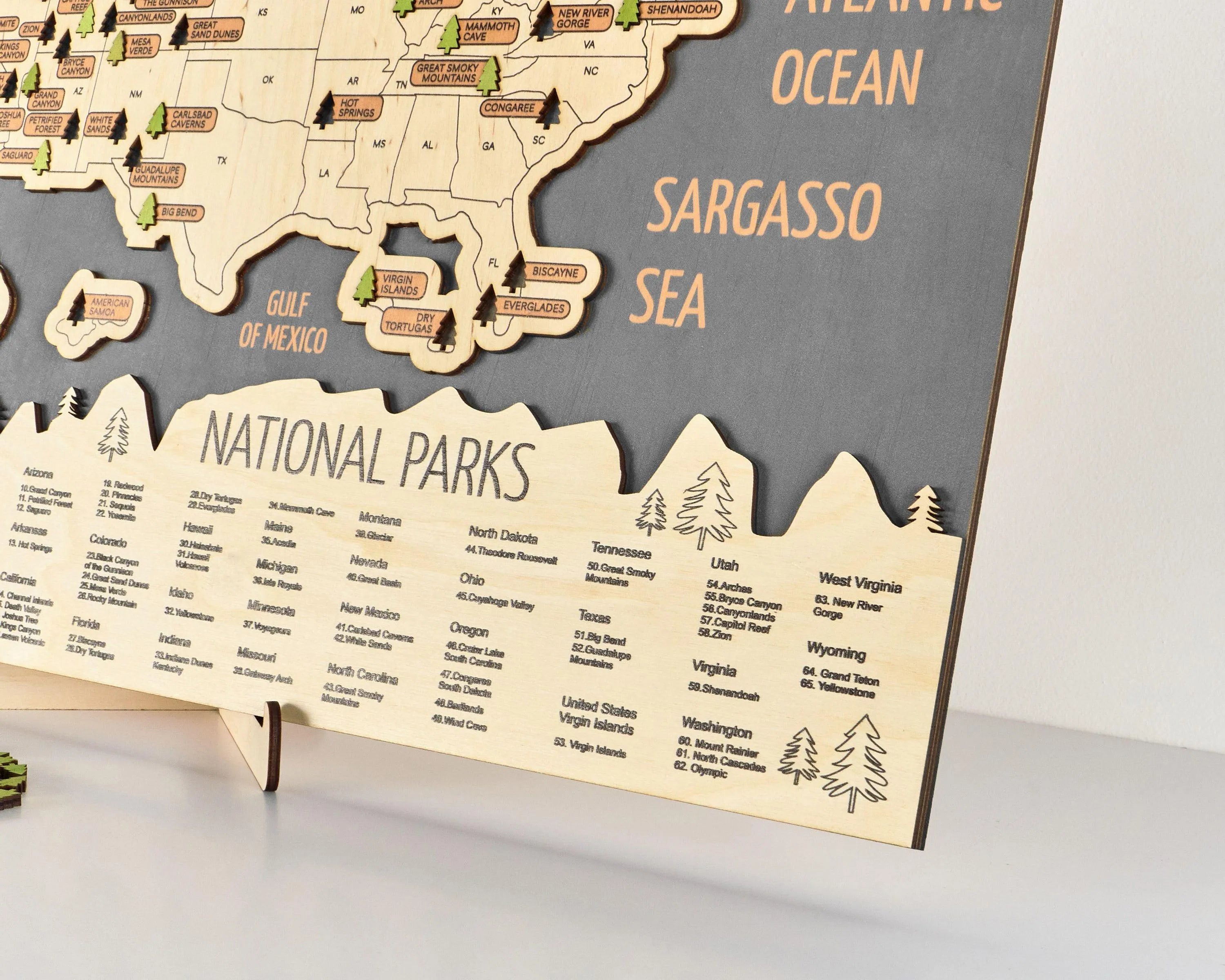 US 3D Wooden National Parks Travel Map With Trees To Record Park Visits (New Grey) - Lemap