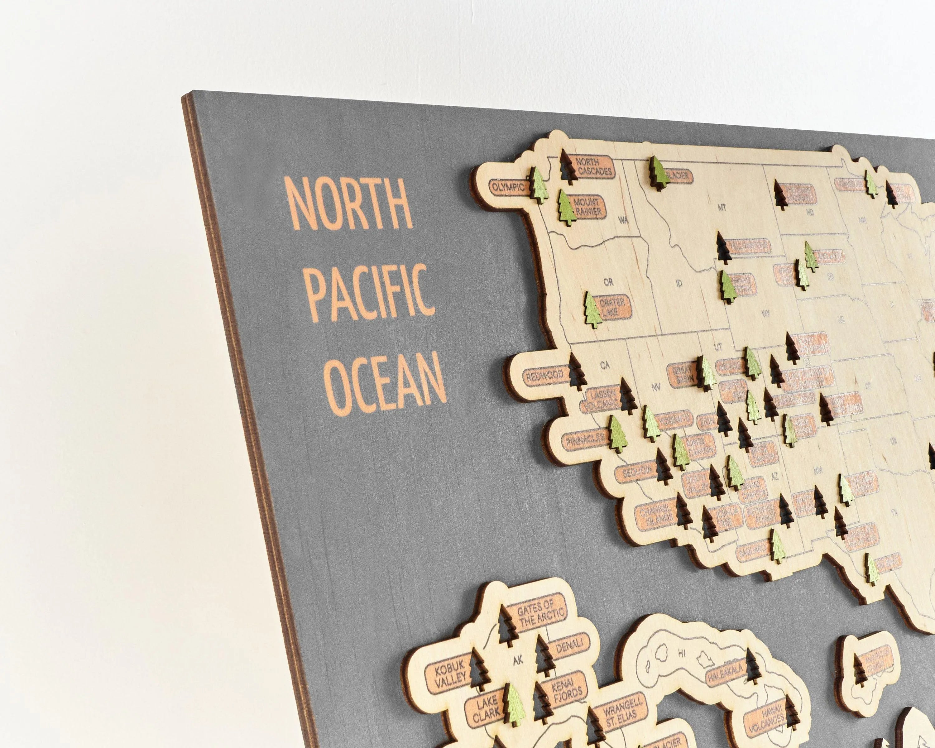 US 3D Wooden National Parks Travel Map With Trees To Record Park Visits (New Grey) - Lemap