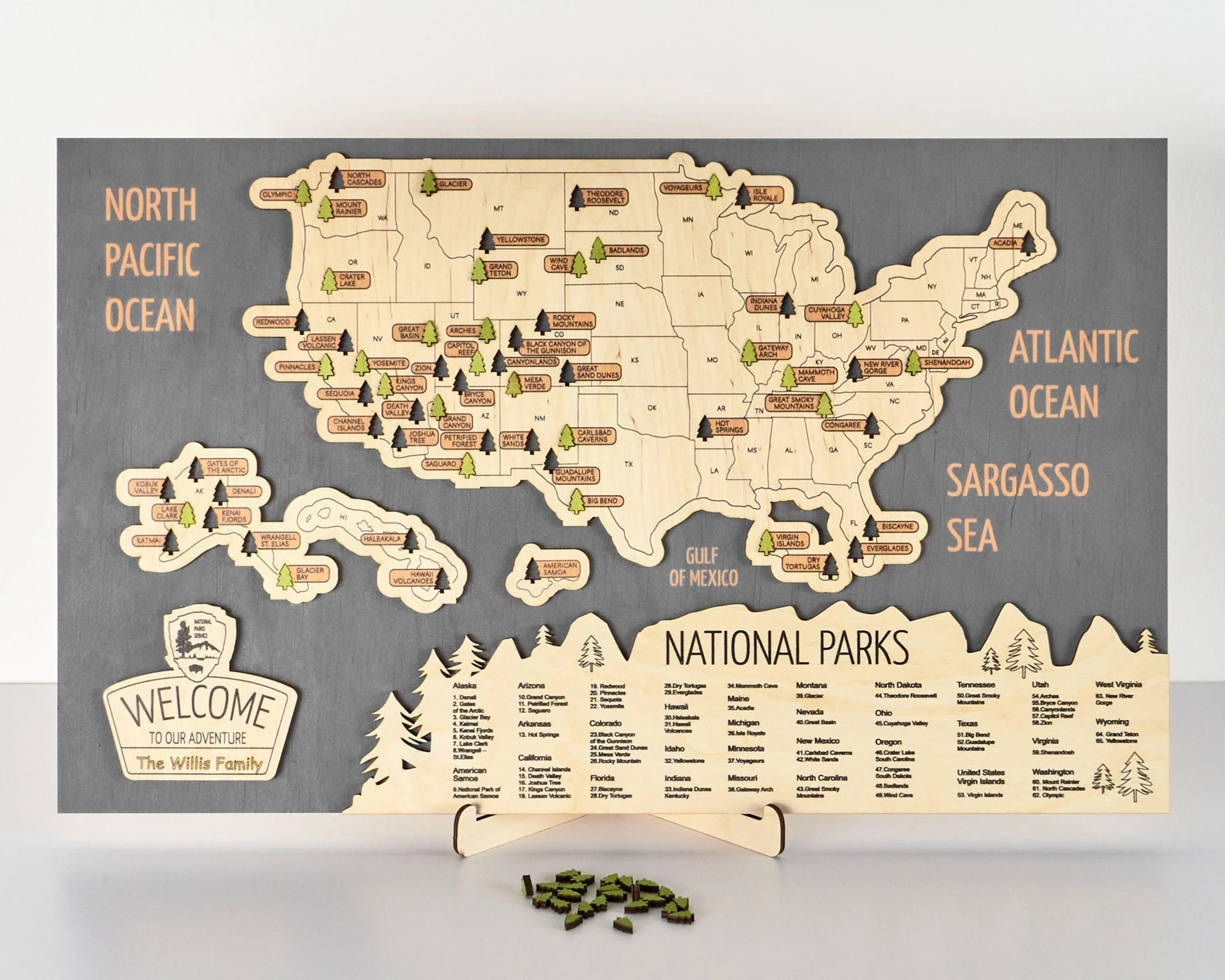 US 3D Wooden National Parks Travel Map With Trees To Record Park Visits (New Grey) - Lemap