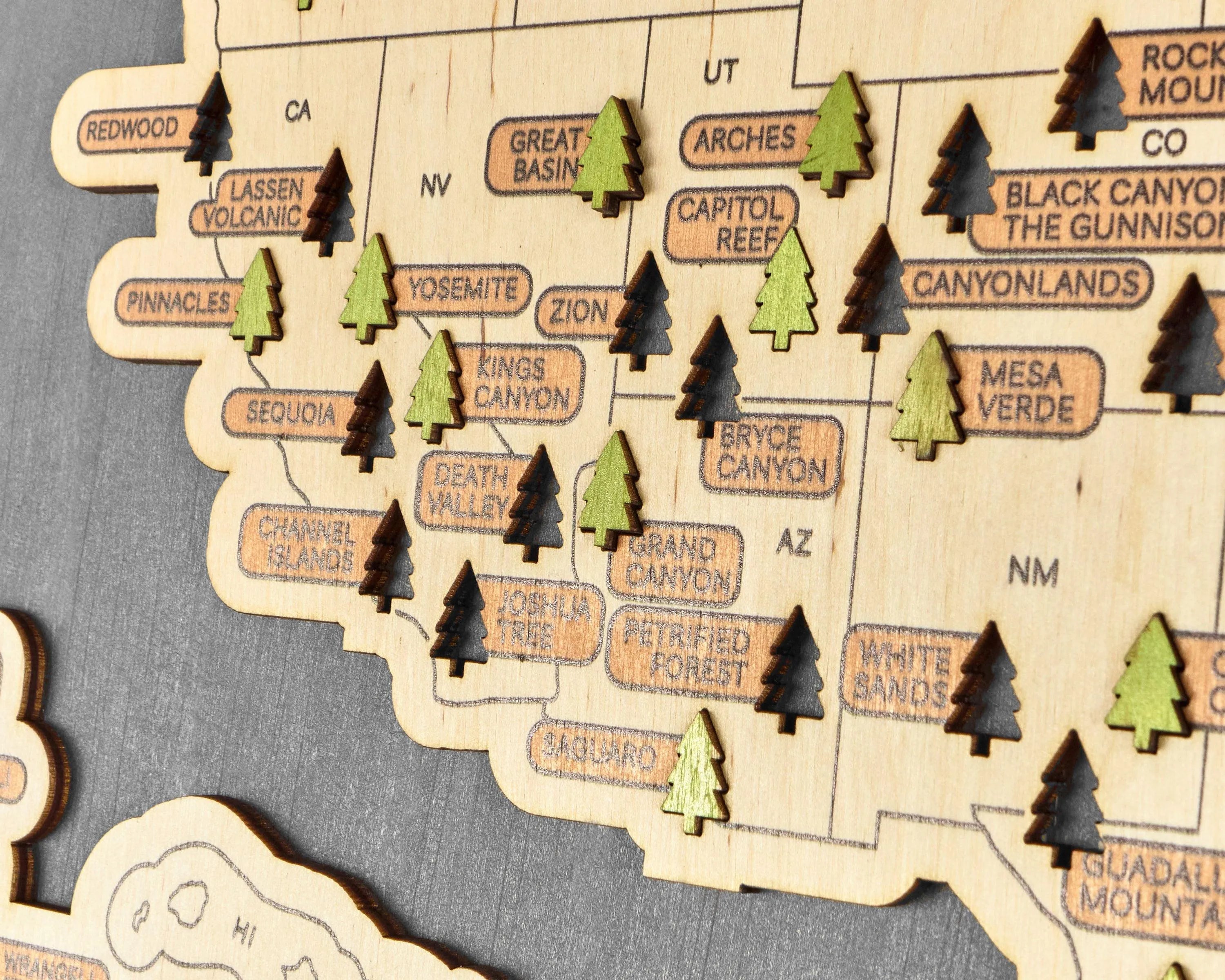 US 3D Wooden National Parks Travel Map With Trees To Record Park Visits (New Grey) - Lemap