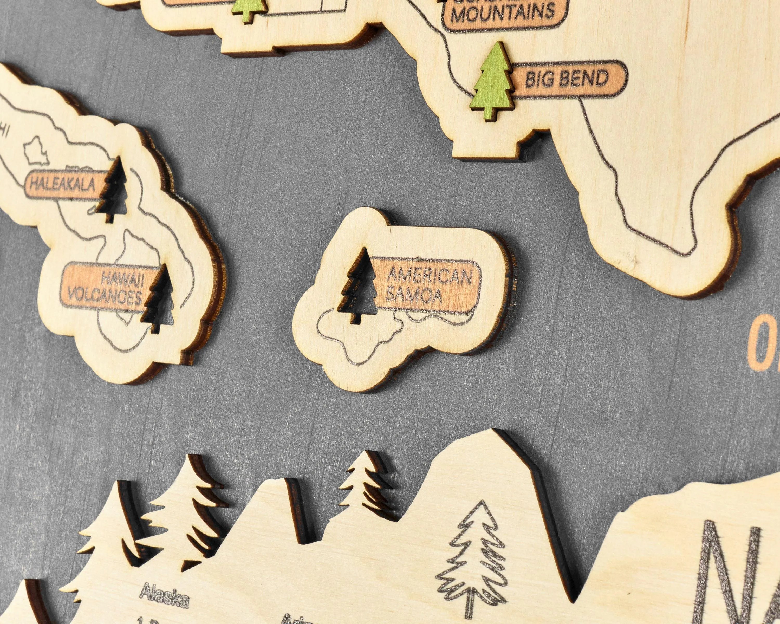 US 3D Wooden National Parks Travel Map With Trees To Record Park Visits (New Grey) - Lemap