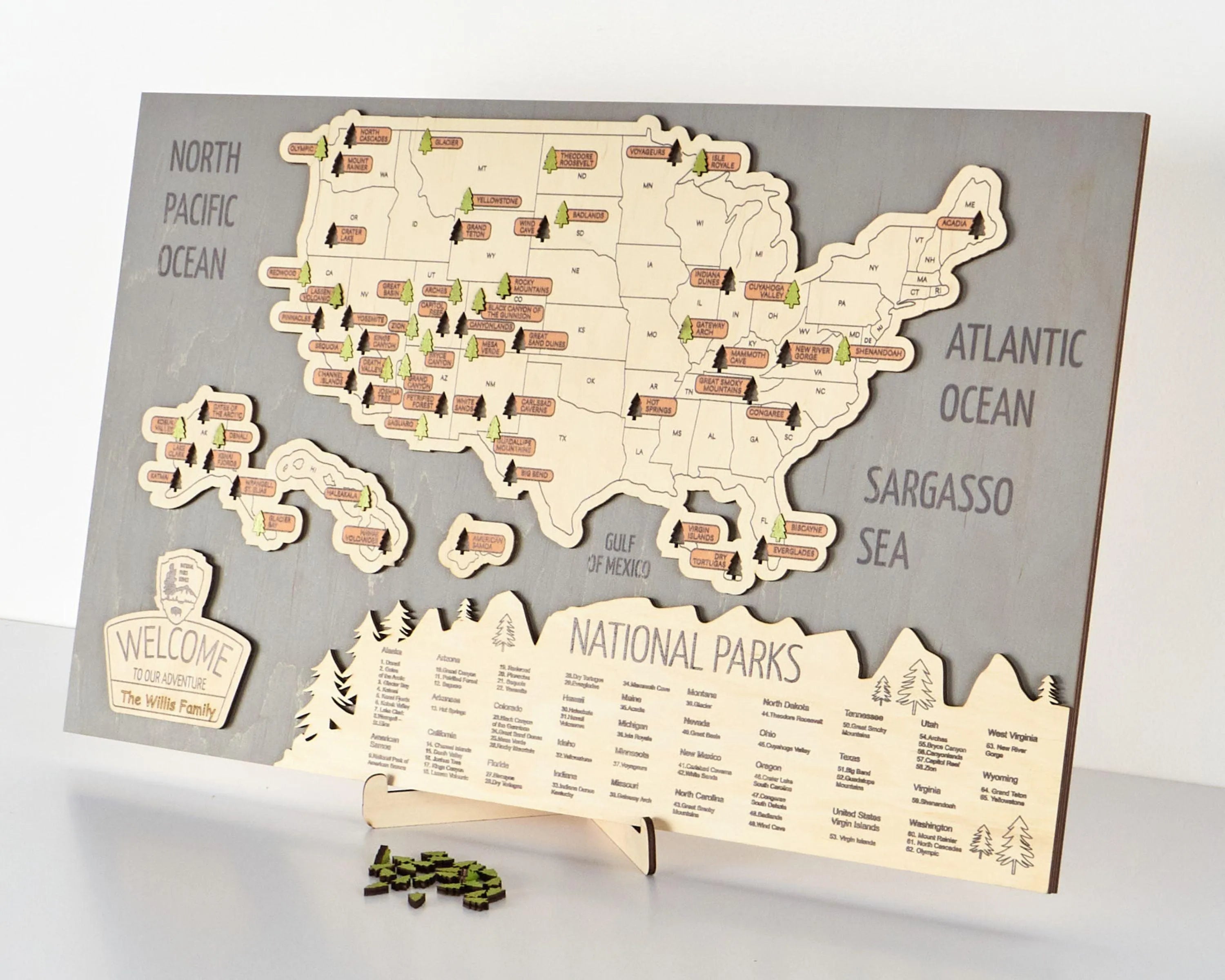 US 3D Wooden National Parks Travel Map With Trees To Record Park Visits (New Light Grey) - Lemap