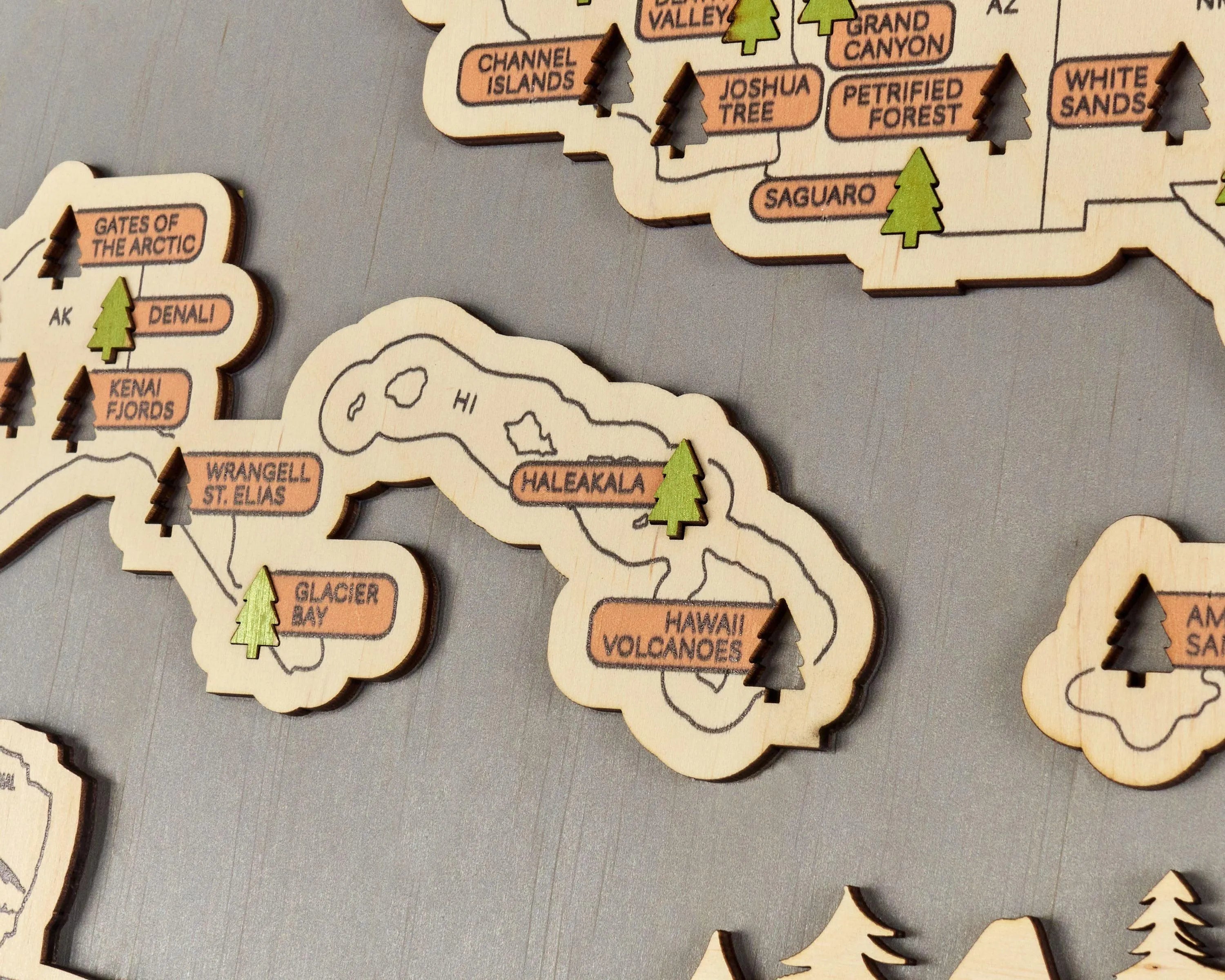 US 3D Wooden National Parks Travel Map With Trees To Record Park Visits (New Light Grey) - Lemap