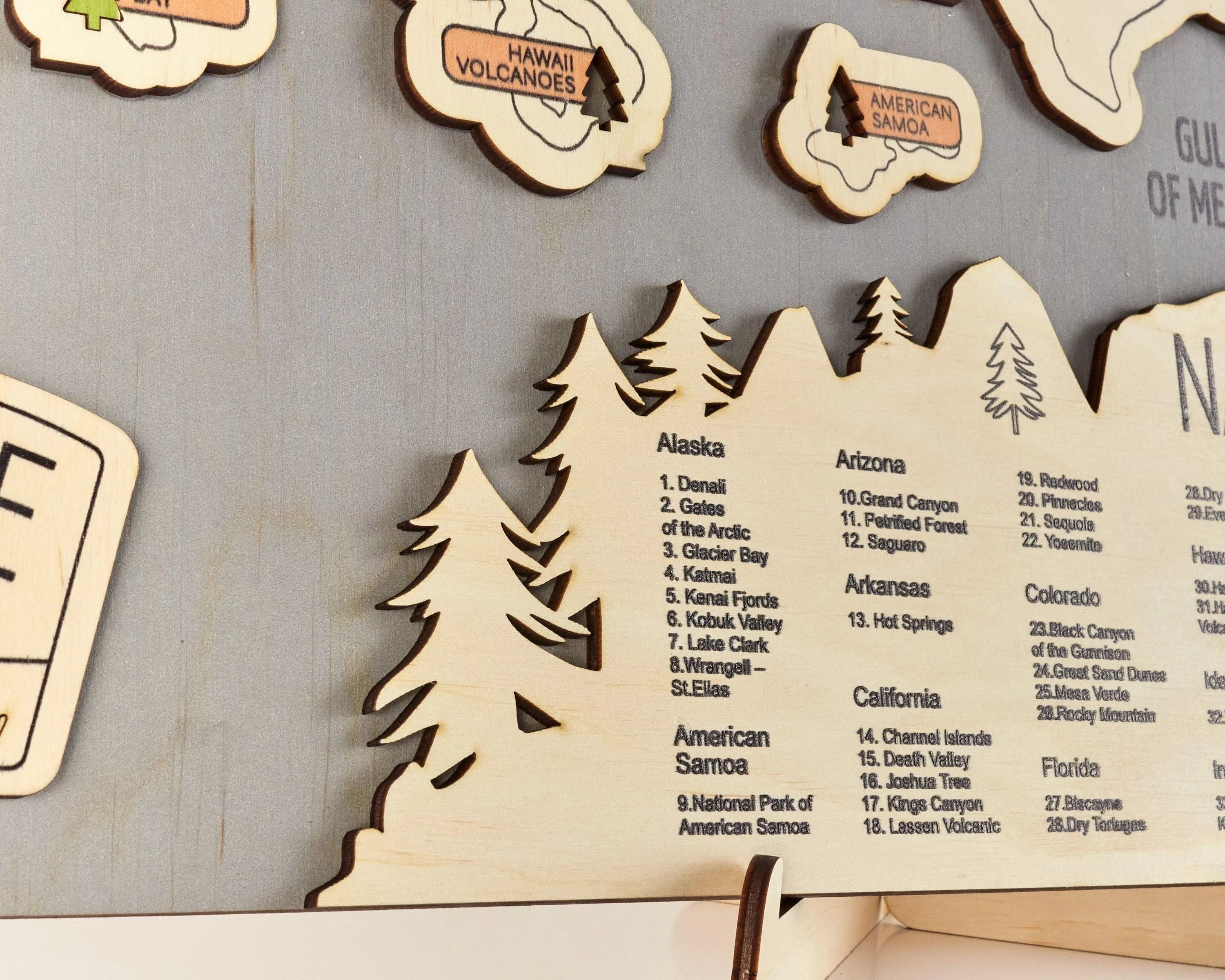 US 3D Wooden National Parks Travel Map With Trees To Record Park Visits (New Light Grey) - Lemap