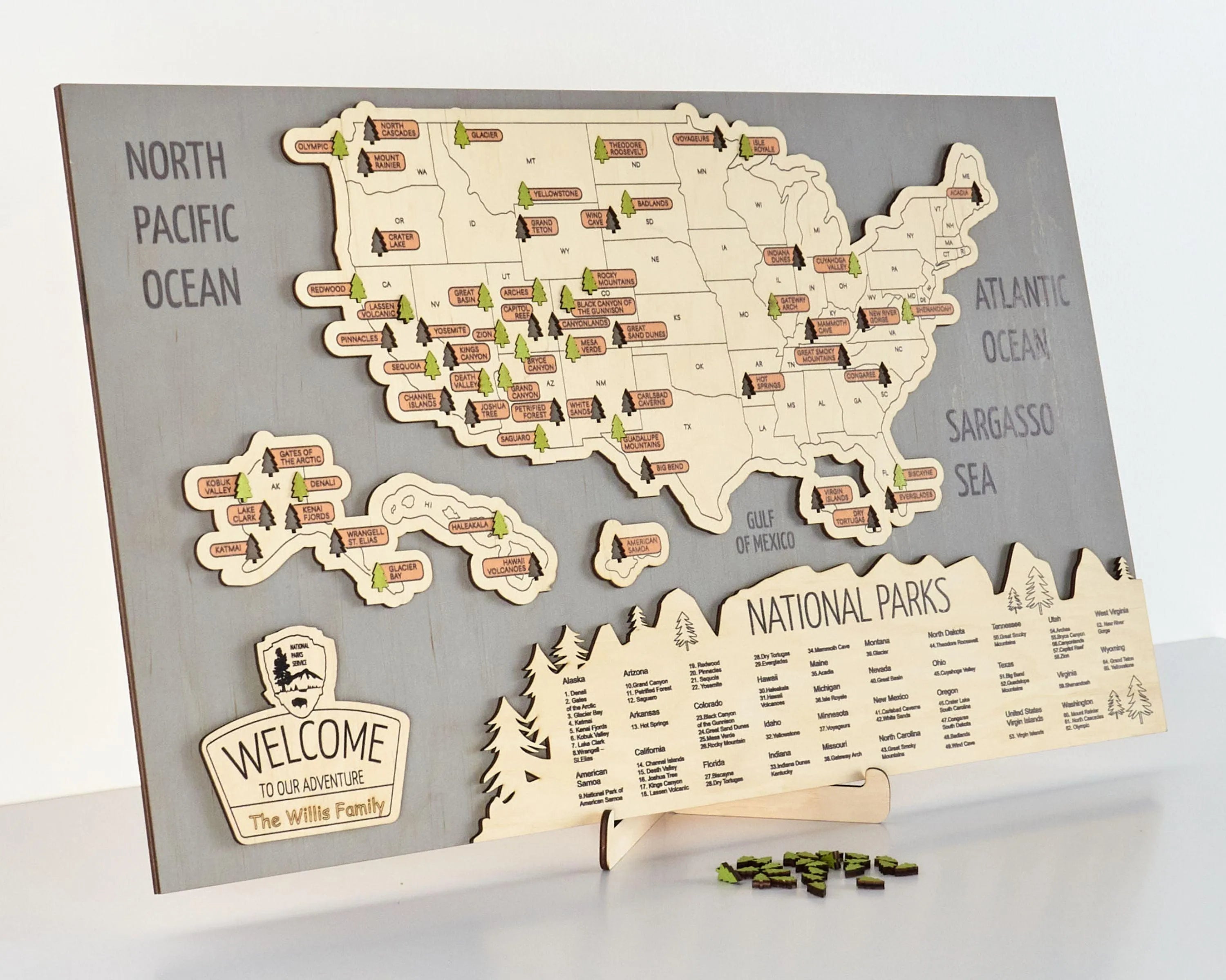 US 3D Wooden National Parks Travel Map With Trees To Record Park Visits (New Light Grey) - Lemap