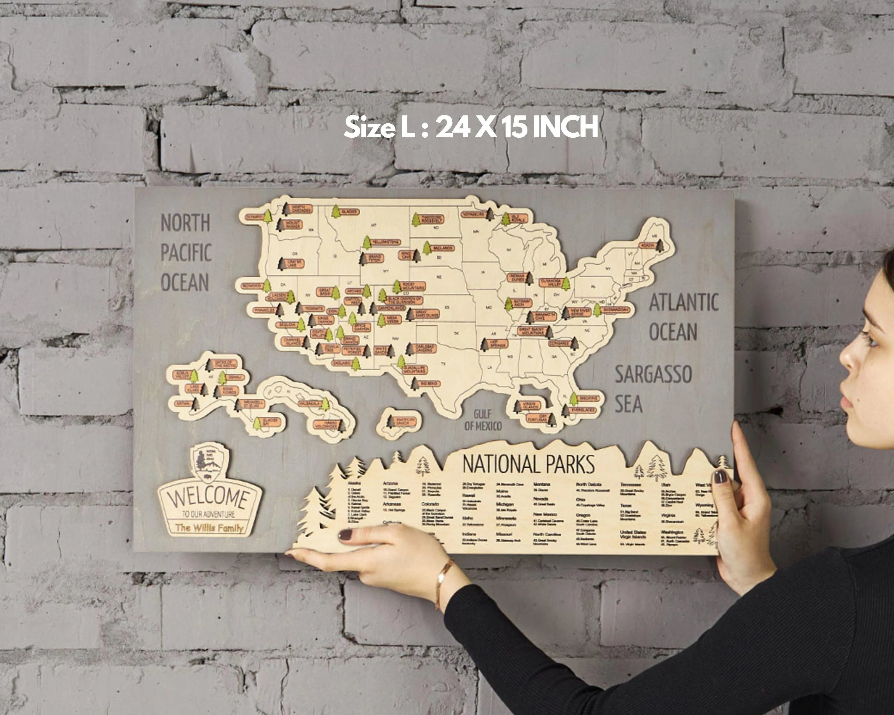 US 3D Wooden National Parks Travel Map With Trees To Record Park Visits (New Light Grey) - Lemap