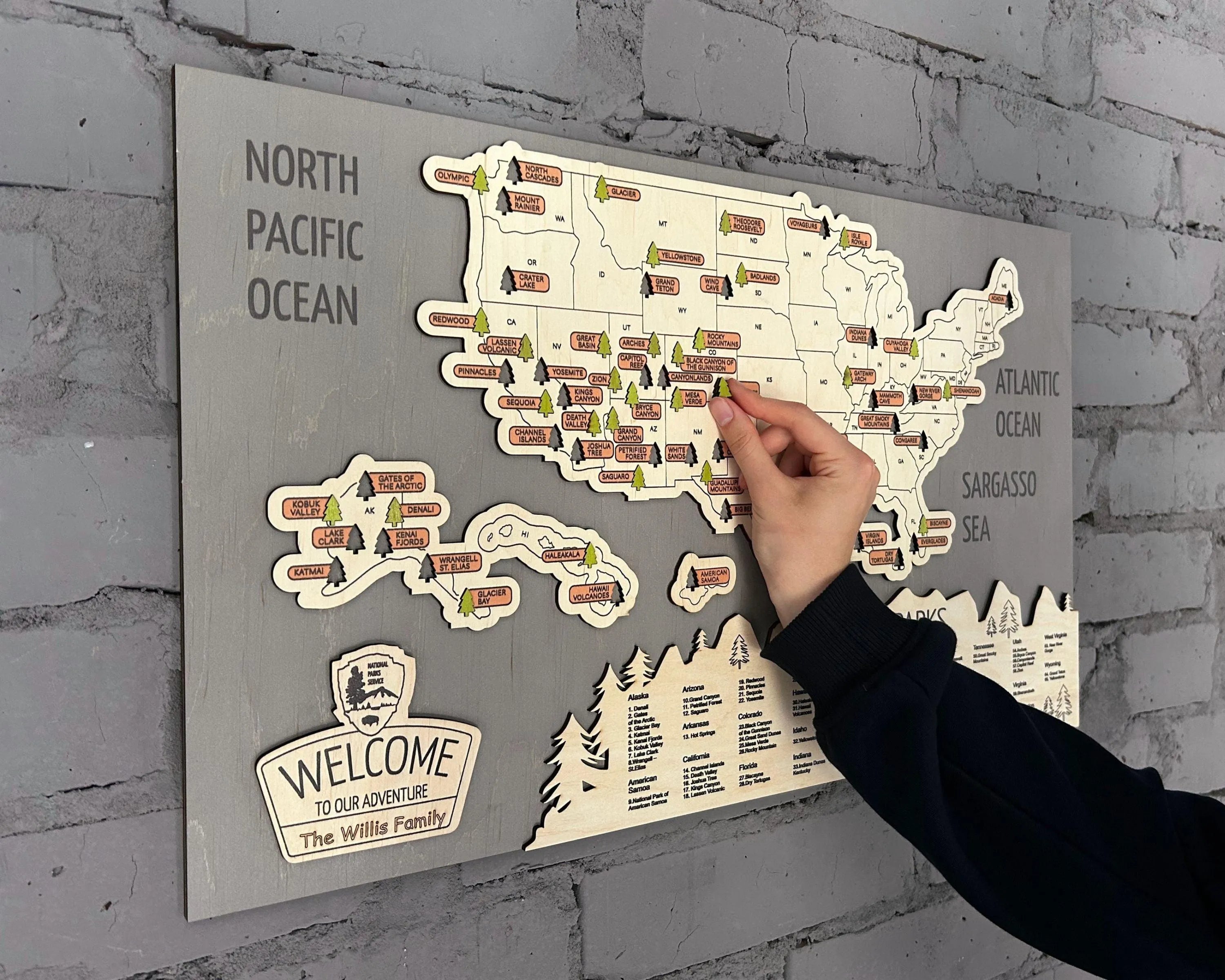 US 3D Wooden National Parks Travel Map With Trees To Record Park Visits (New Light Grey) - Lemap