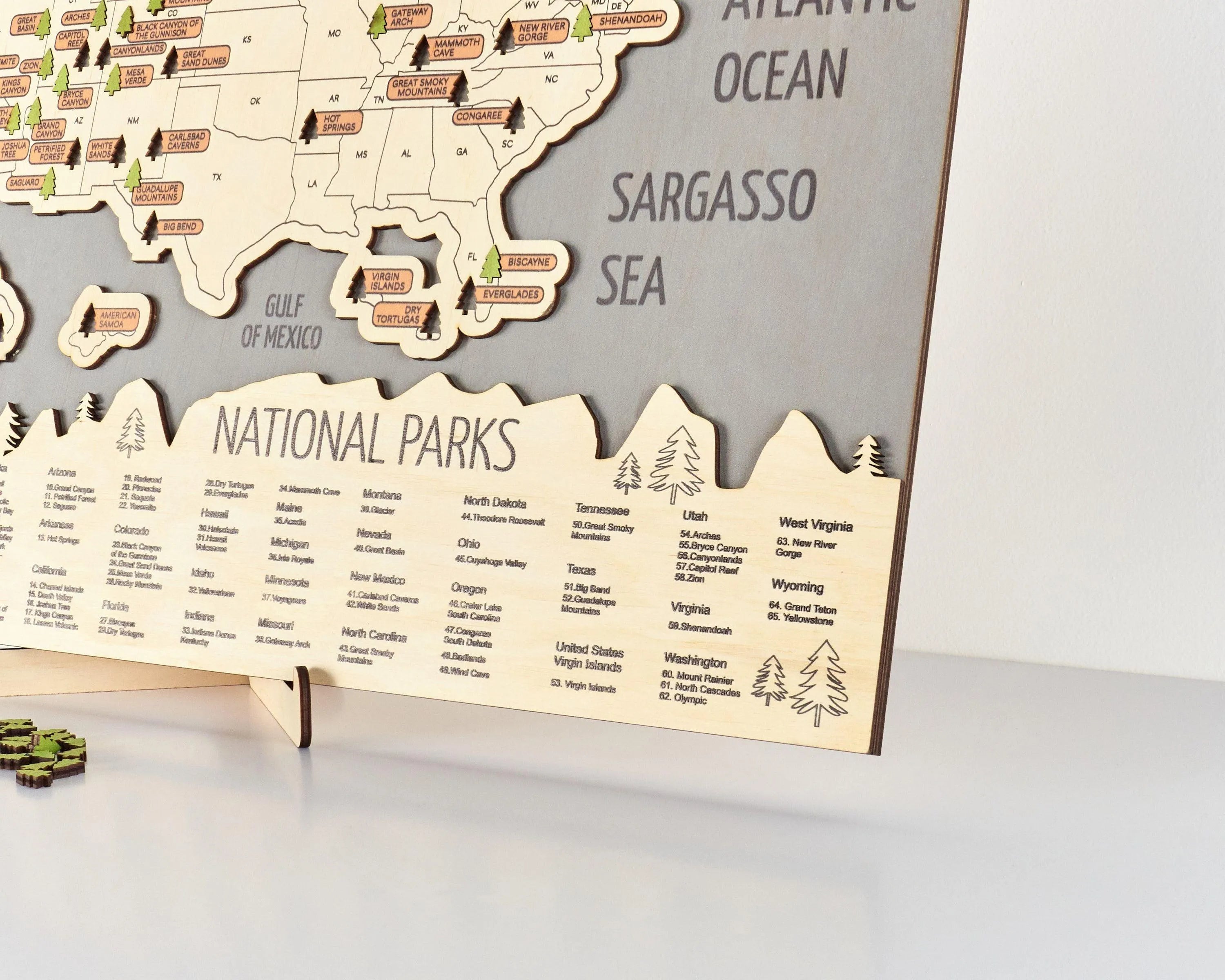 US 3D Wooden National Parks Travel Map With Trees To Record Park Visits (New Light Grey) - Lemap