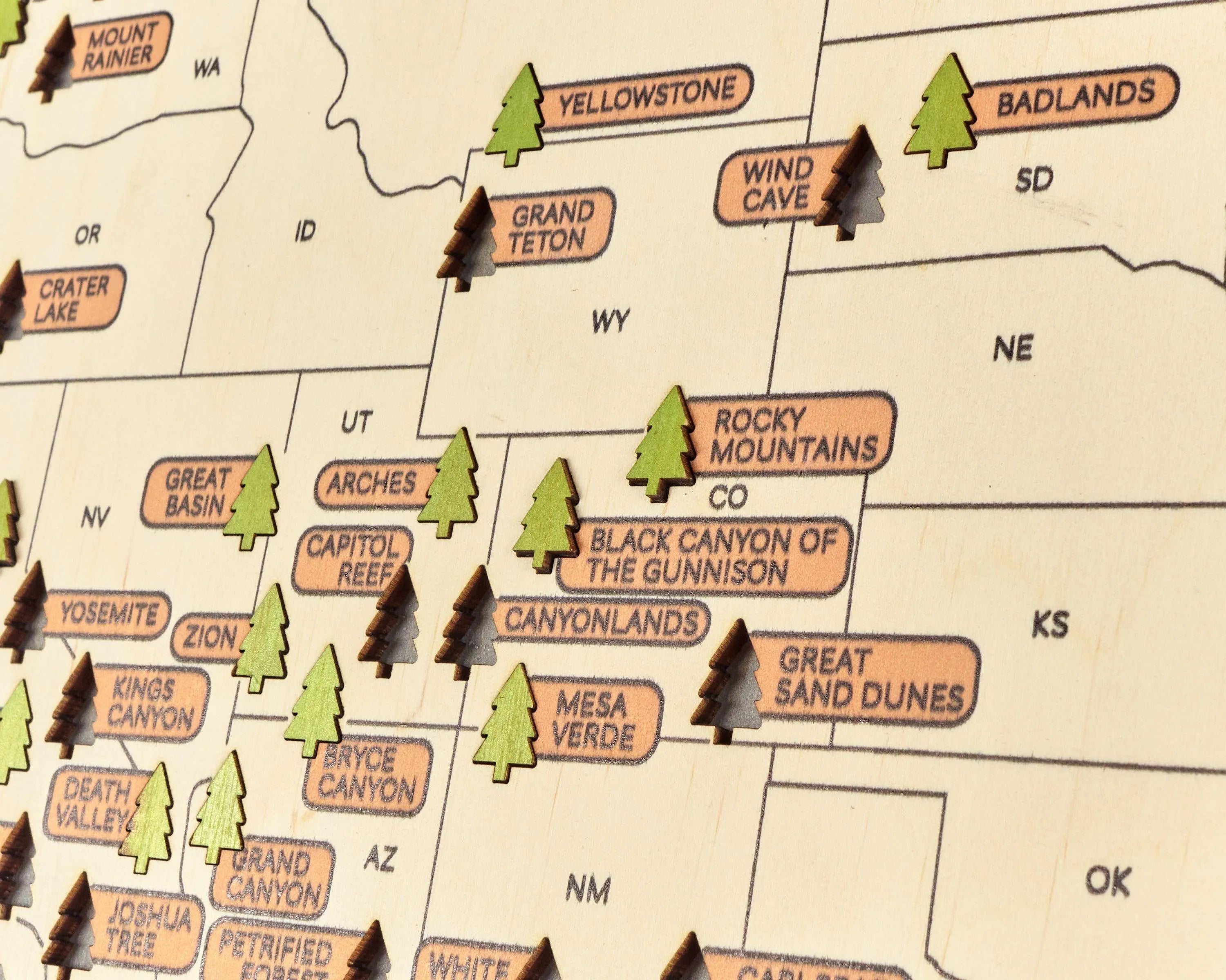 US 3D Wooden National Parks Travel Map With Trees To Record Park Visits (New Light Grey) - Lemap