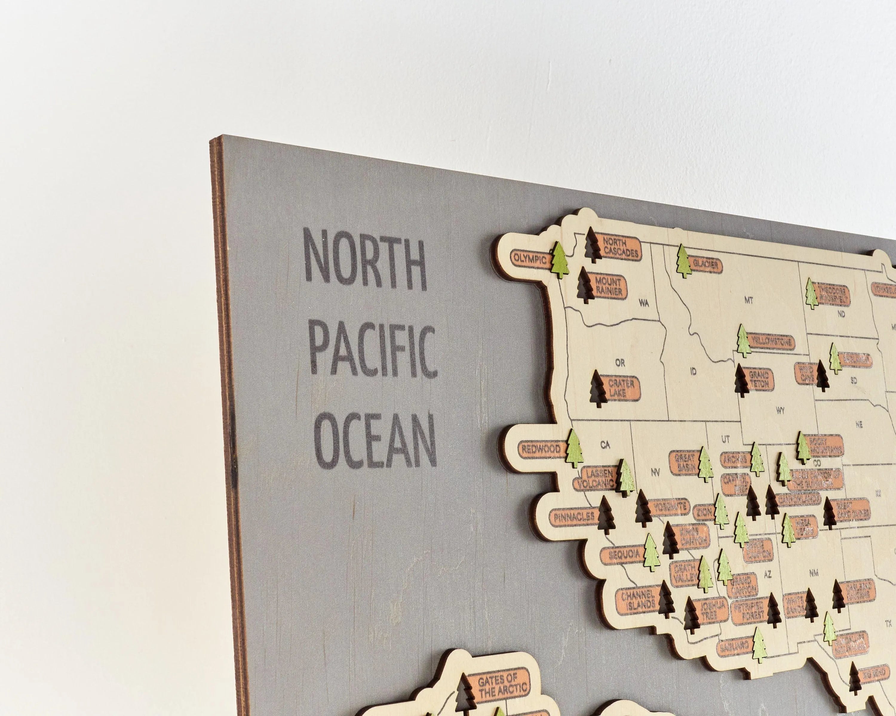 US 3D Wooden National Parks Travel Map With Trees To Record Park Visits (New Light Grey) - Lemap