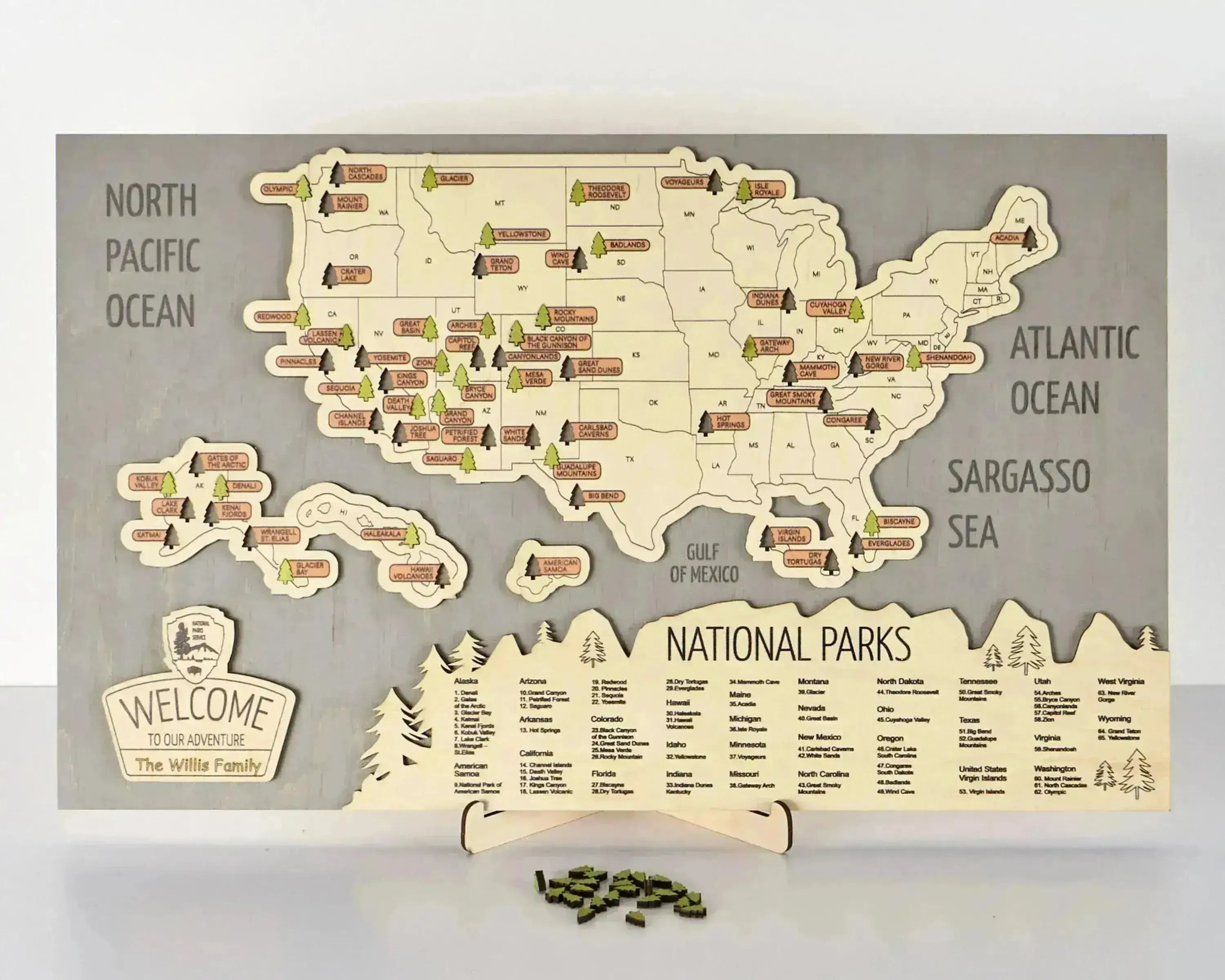 US 3D Wooden National Parks Travel Map With Trees To Record Park