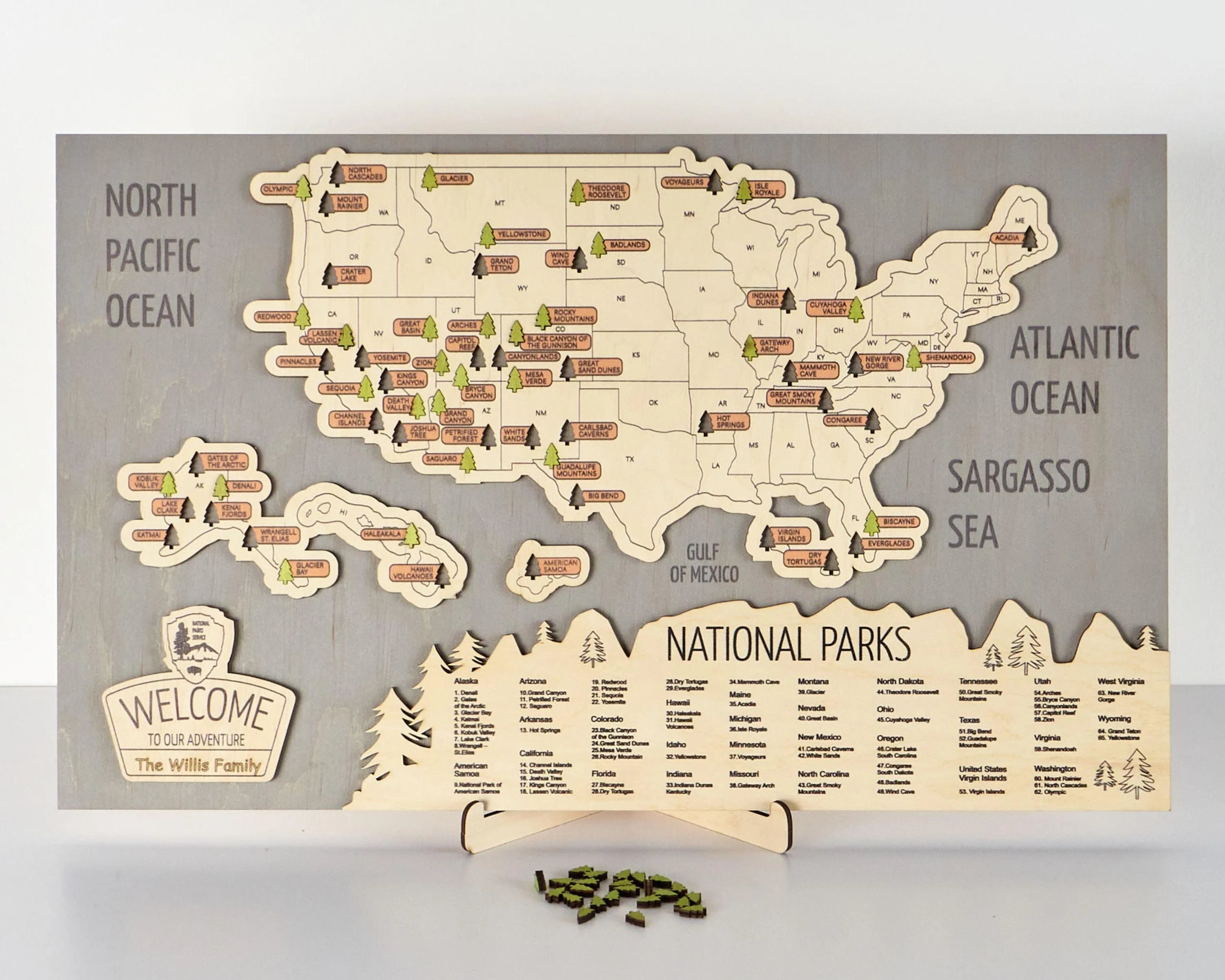 US 3D Wooden National Parks Travel Map With Trees To Record Park Visits (New Light Grey) - Lemap