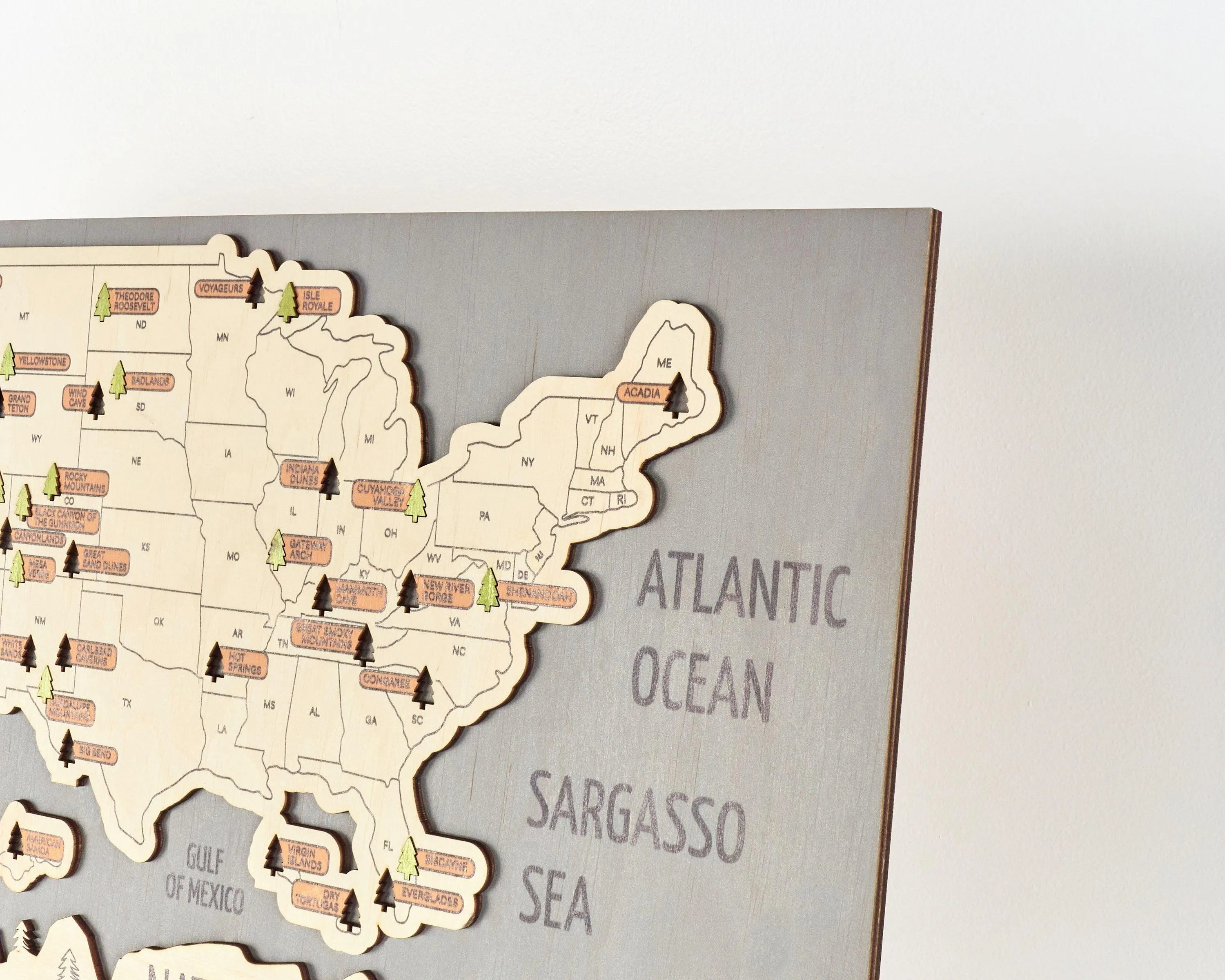 US 3D Wooden National Parks Travel Map With Trees To Record Park Visits (New Light Grey) - Lemap