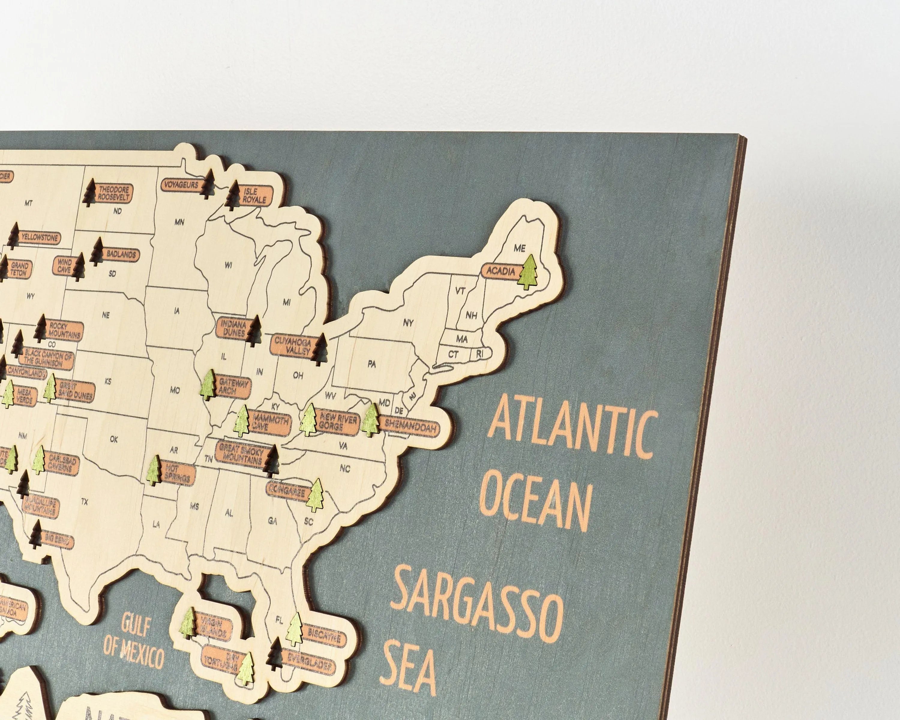 US 3D Wooden National Parks Travel Map With Trees To Record Park Visits (Sea Breeze) - Lemap