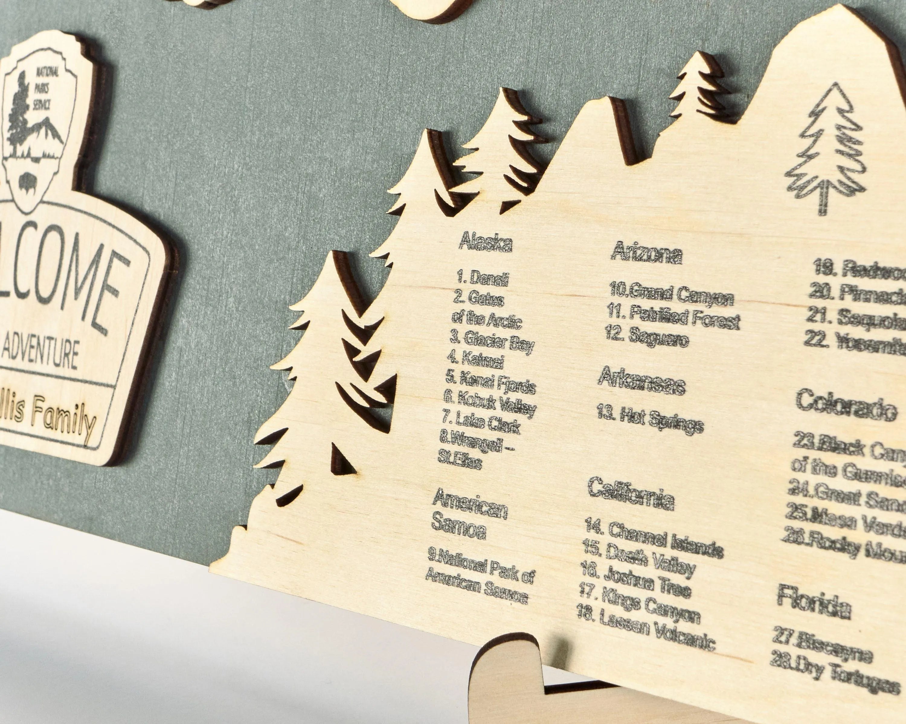 US 3D Wooden National Parks Travel Map With Trees To Record Park Visits (Sea Breeze) - Lemap