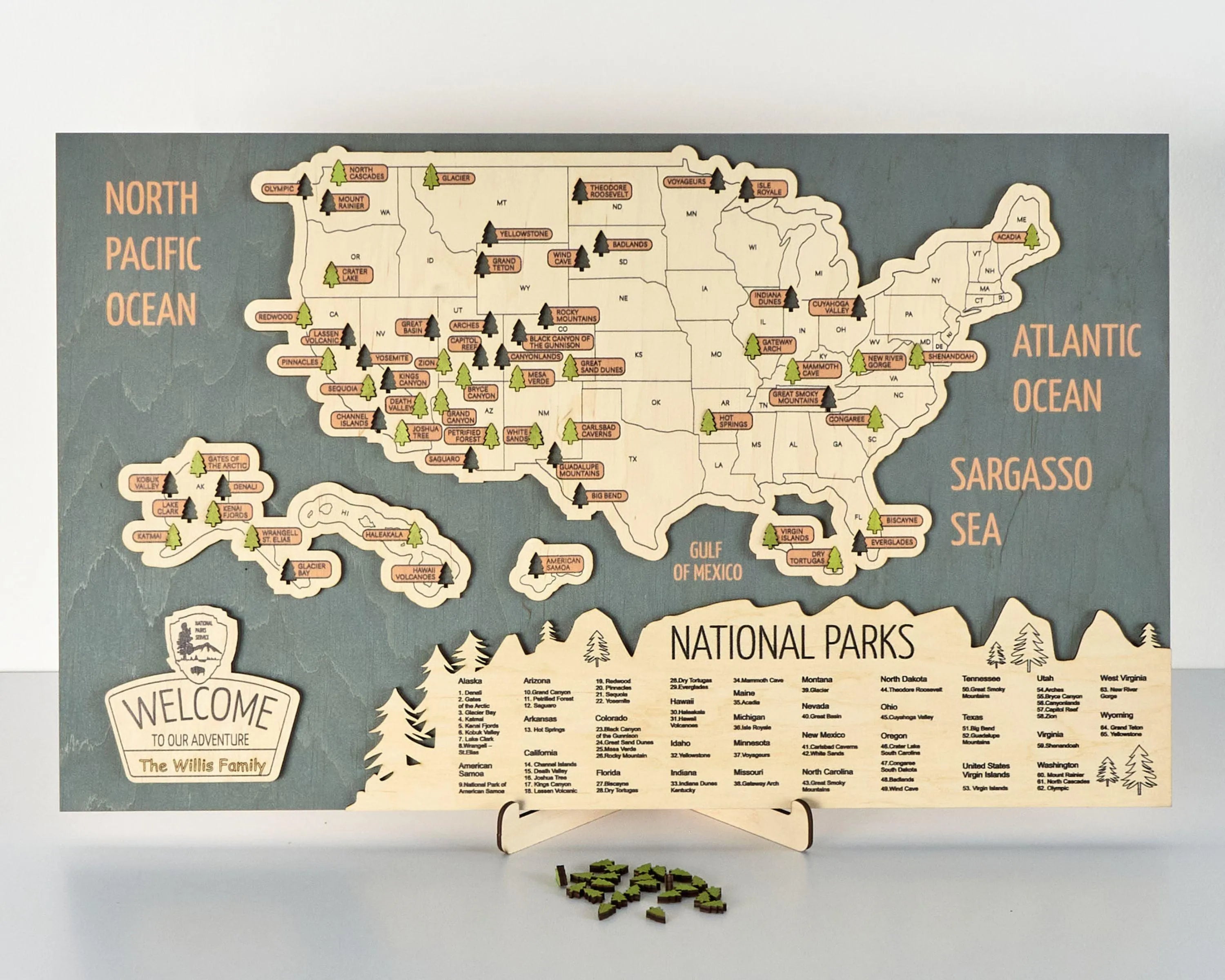 US 3D Wooden National Parks Travel Map With Trees To Record Park Visits (Sea Breeze) - Lemap