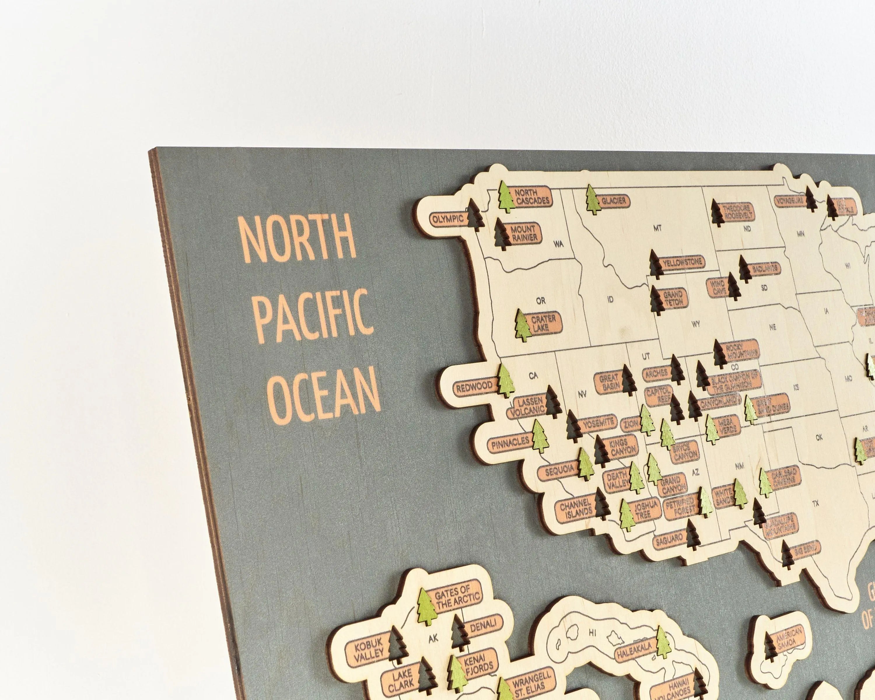 US 3D Wooden National Parks Travel Map With Trees To Record Park Visits (Sea Breeze) - Lemap