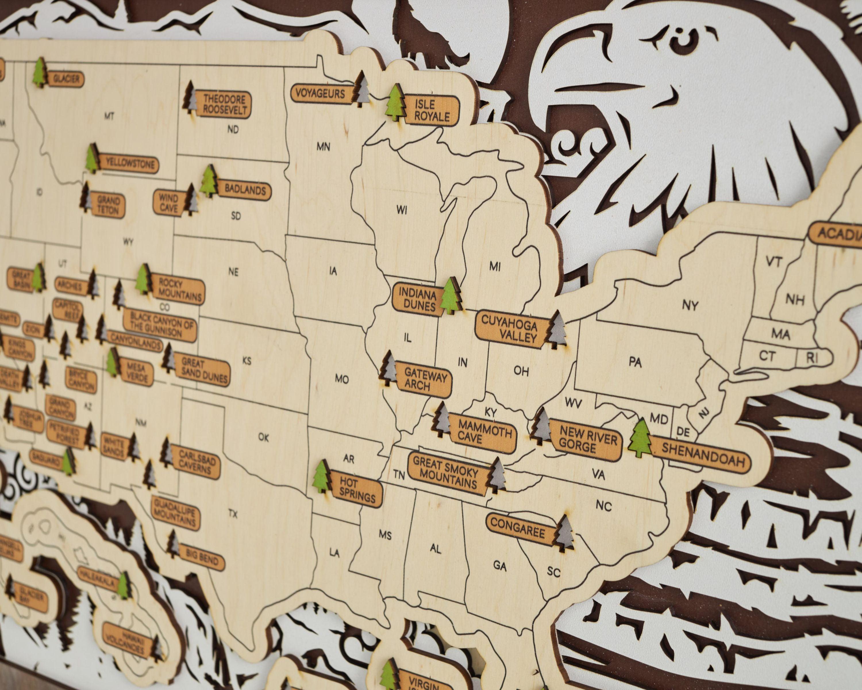 US 3D Wooden National Parks Travel Map With Trees To Record Park Visits (Wildlife Design) - Lemap