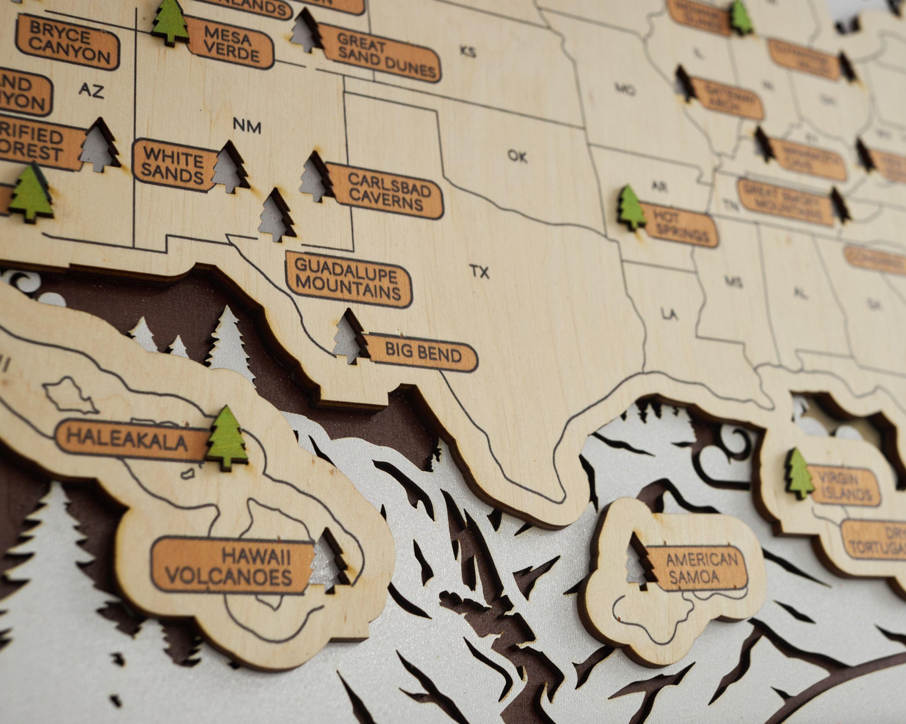 US 3D Wooden National Parks Travel Map With Trees To Record Park Visits (Wildlife Design) - Lemap