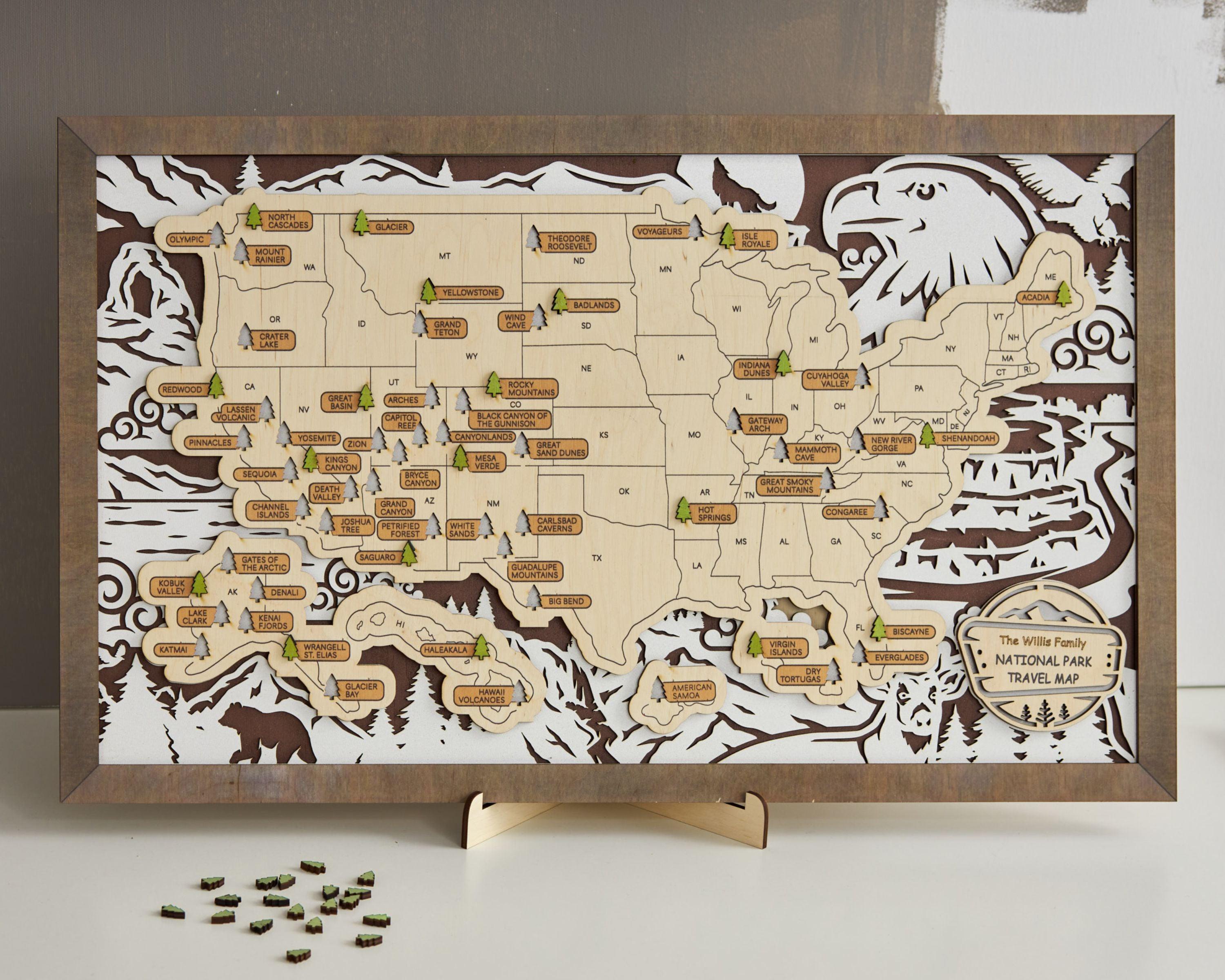 US 3D Wooden National Parks Travel Map With Trees To Record Park Visits (Wildlife Design) - Lemap