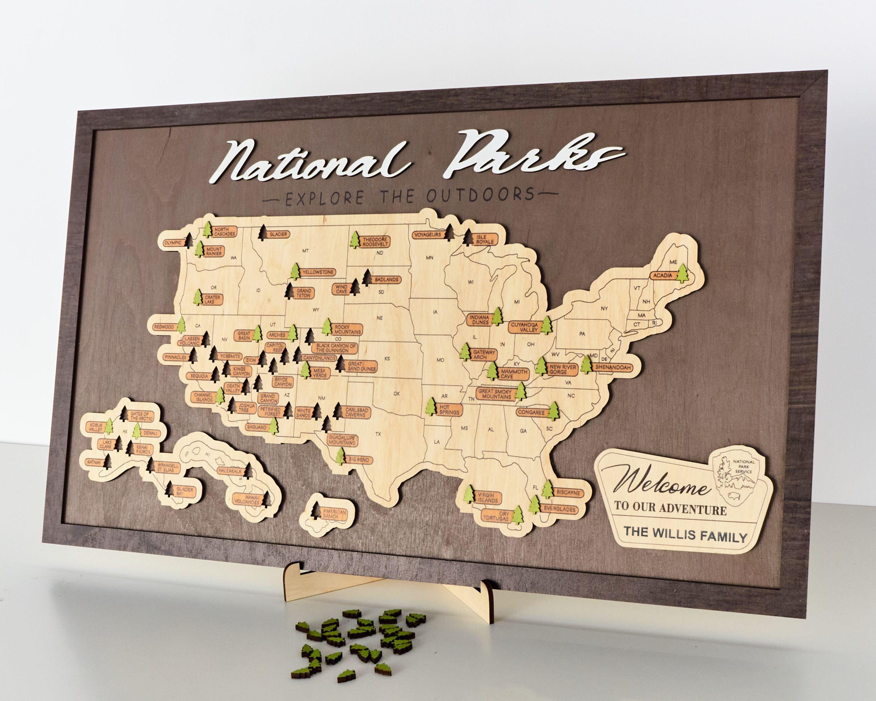 US Wooden National Parks Travel Map With Trees To Record Park Visits (Coffee) - Lemap