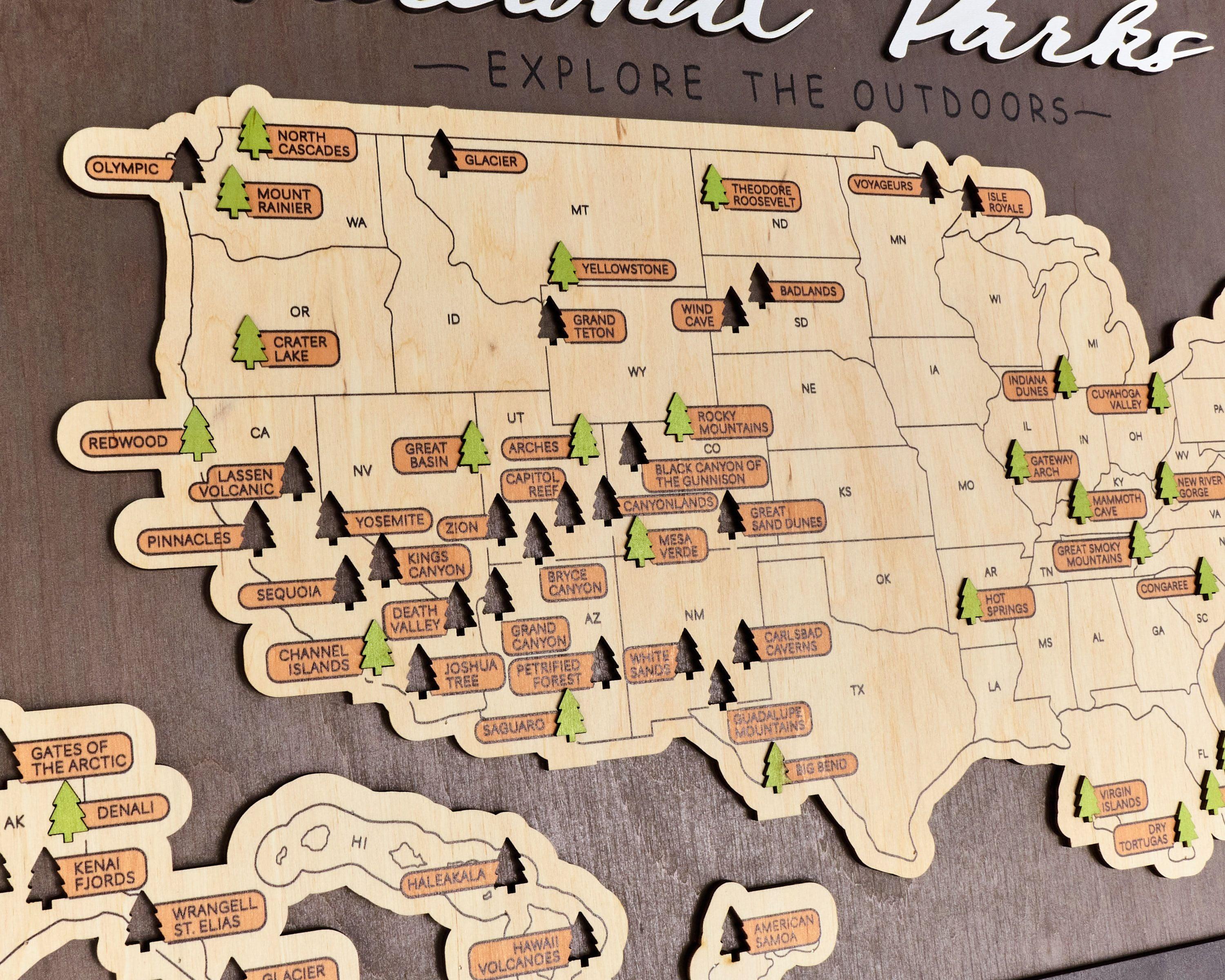 US Wooden National Parks Travel Map With Trees To Record Park Visits (Coffee) - Lemap