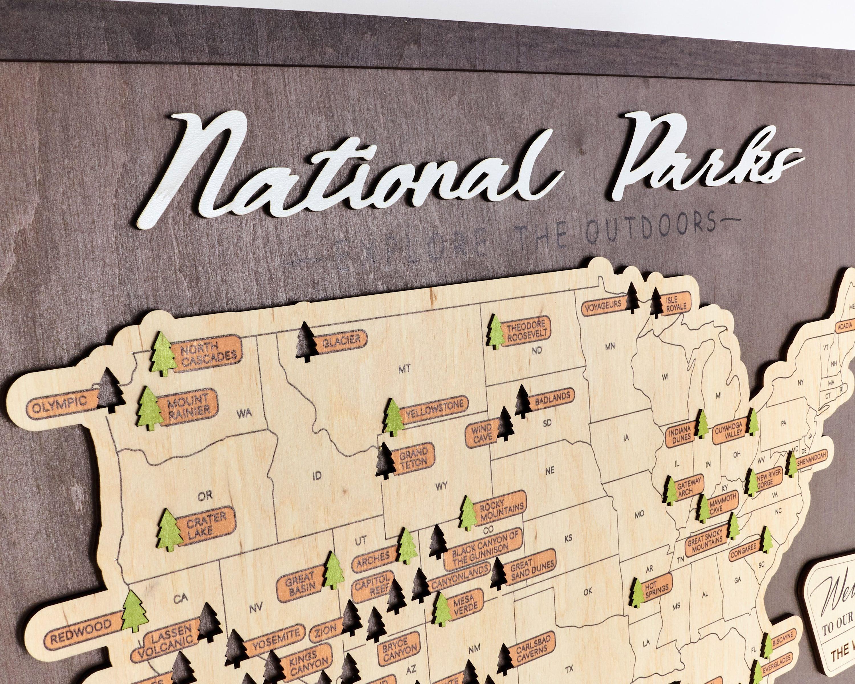 US Wooden National Parks Travel Map With Trees To Record Park Visits (Coffee) - Lemap