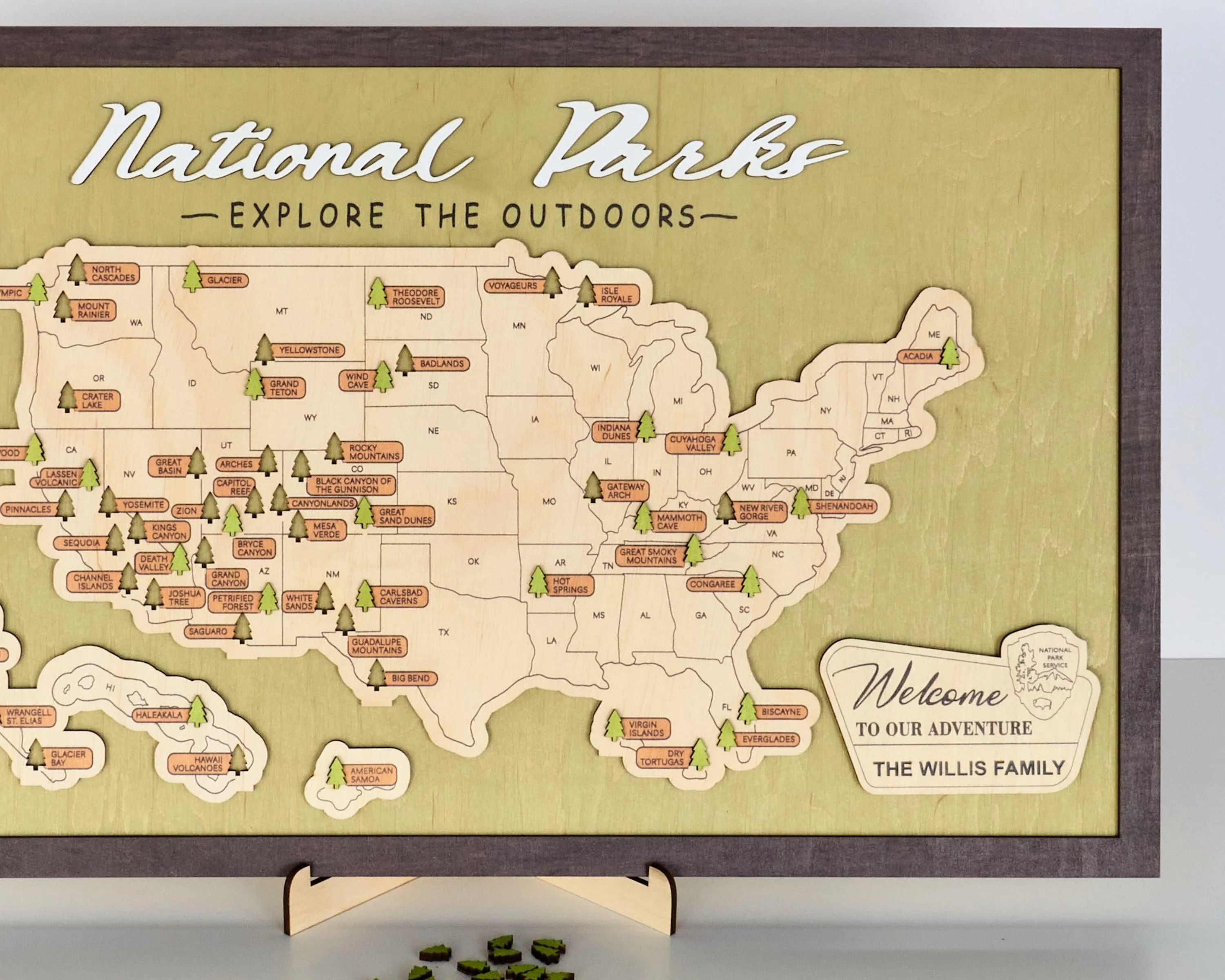 US Wooden National Parks Travel Map With Trees To Record Park Visits (Green) - Lemap