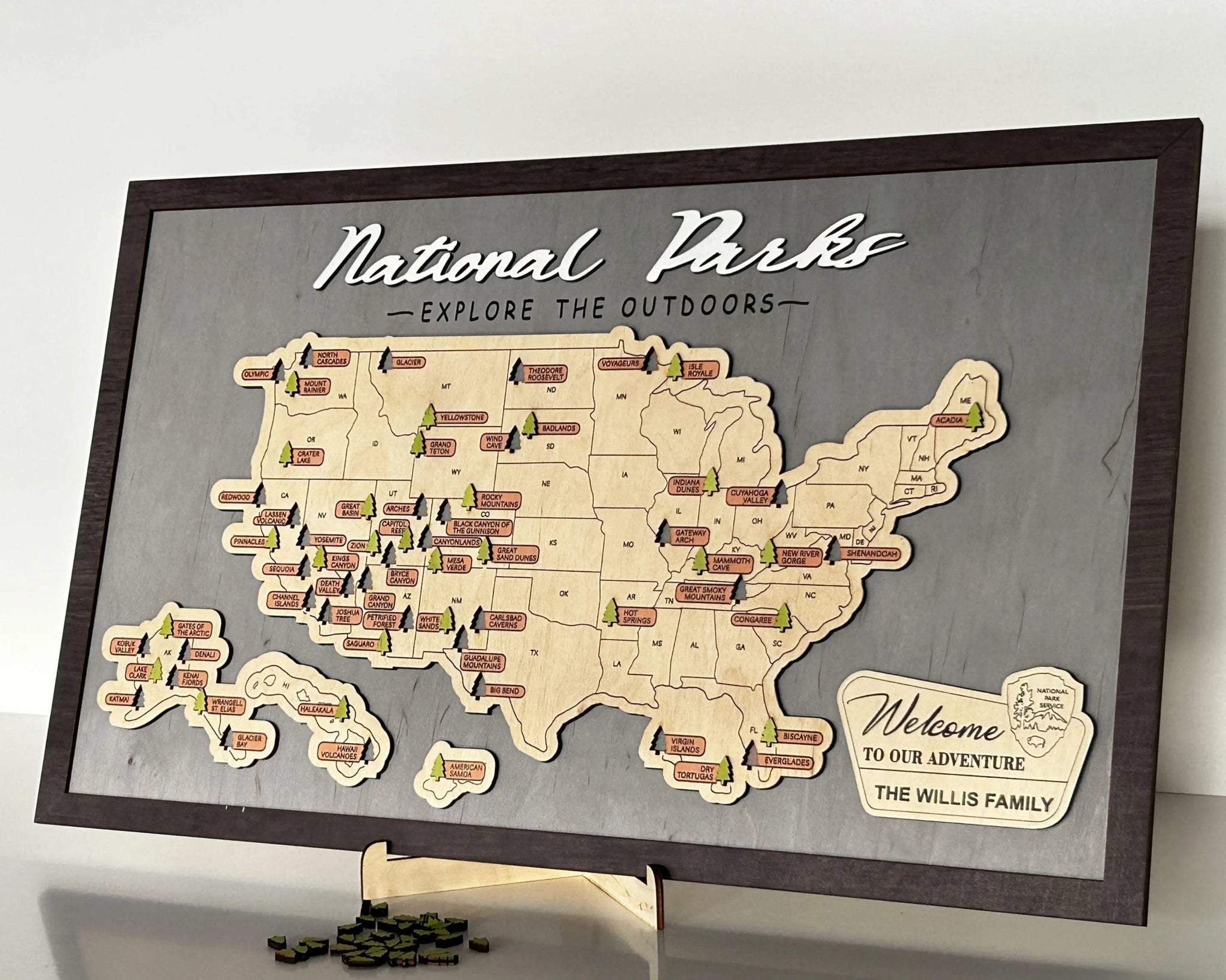 US Wooden National Parks Travel Map With Trees To Record Park Visits ...