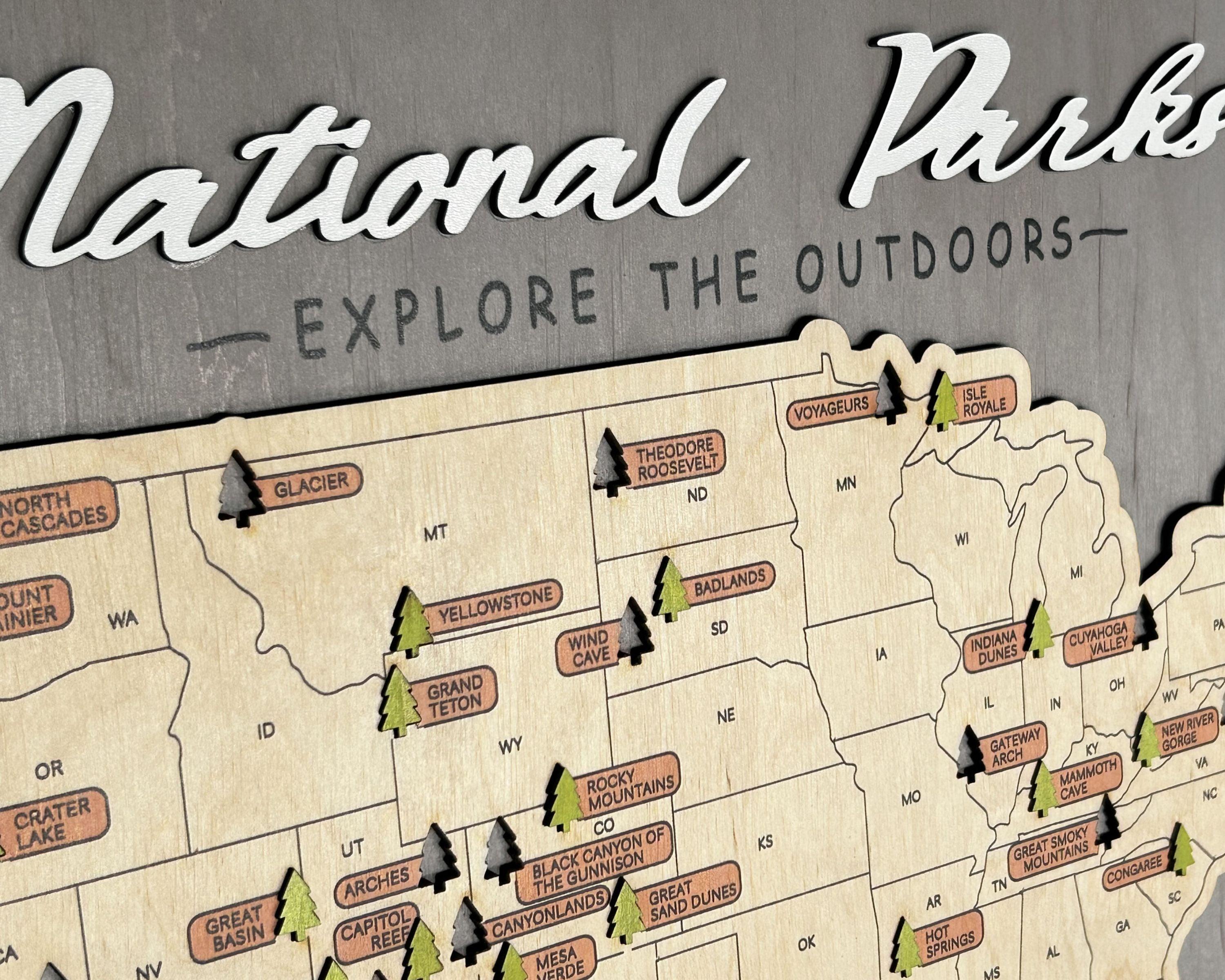 US Wooden National Parks Travel Map With Trees To Record Park Visits (Light Grey) - Lemap