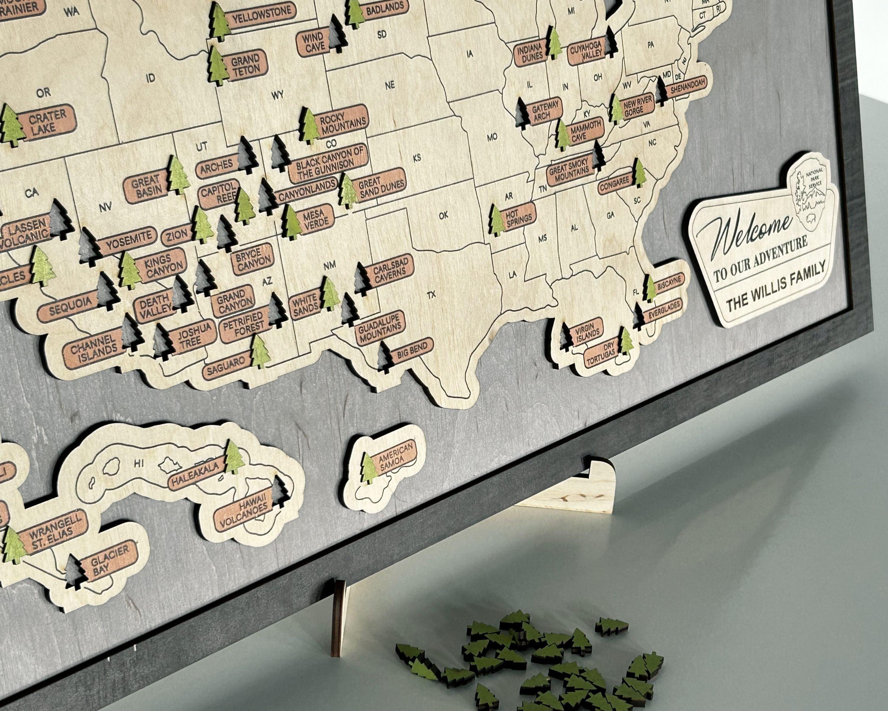 US Wooden National Parks Travel Map With Trees To Record Park Visits (Light Grey) - Lemap