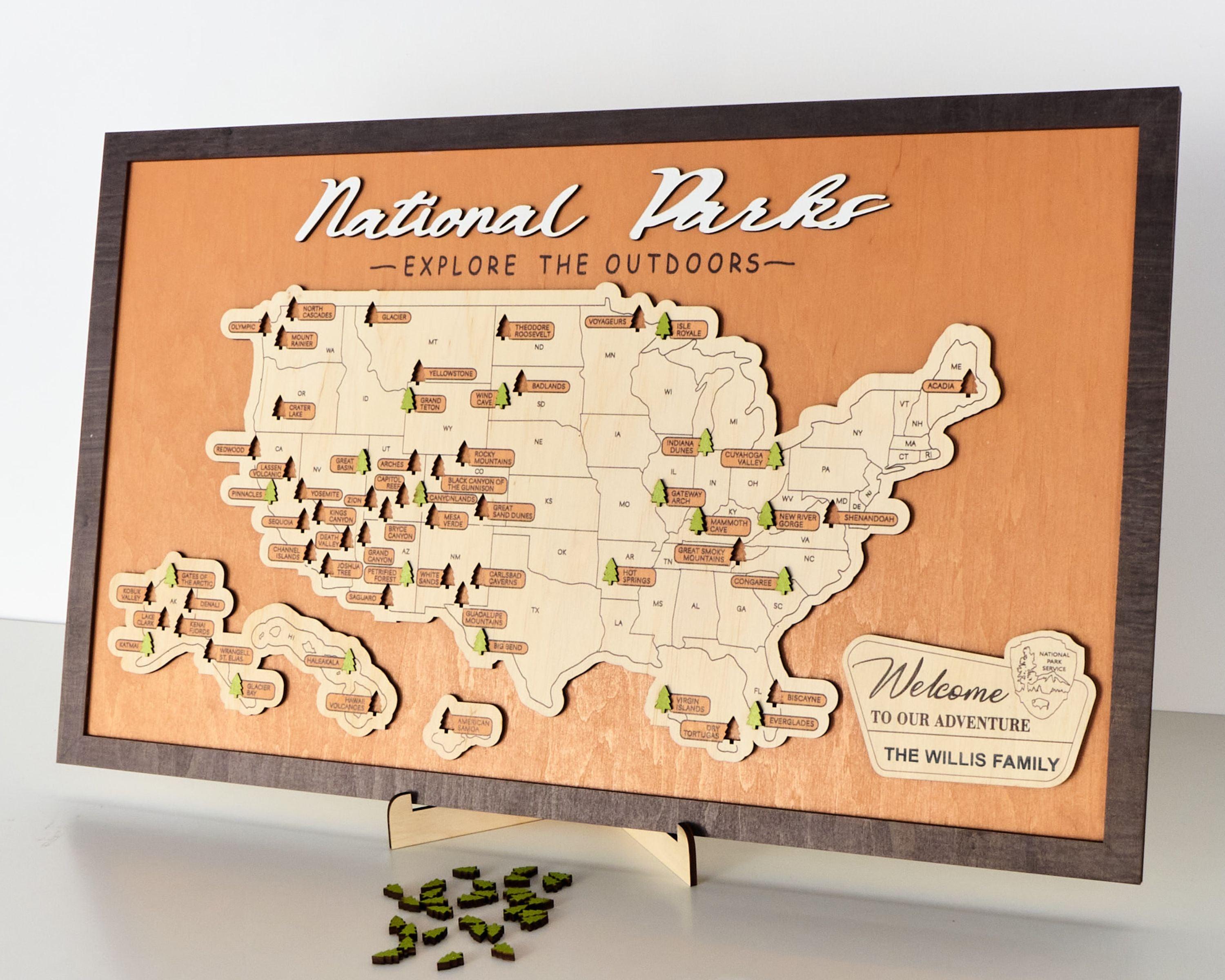 US Wooden National Parks Travel Map With Trees To Record Park Visits (Light Walnut) - Lemap