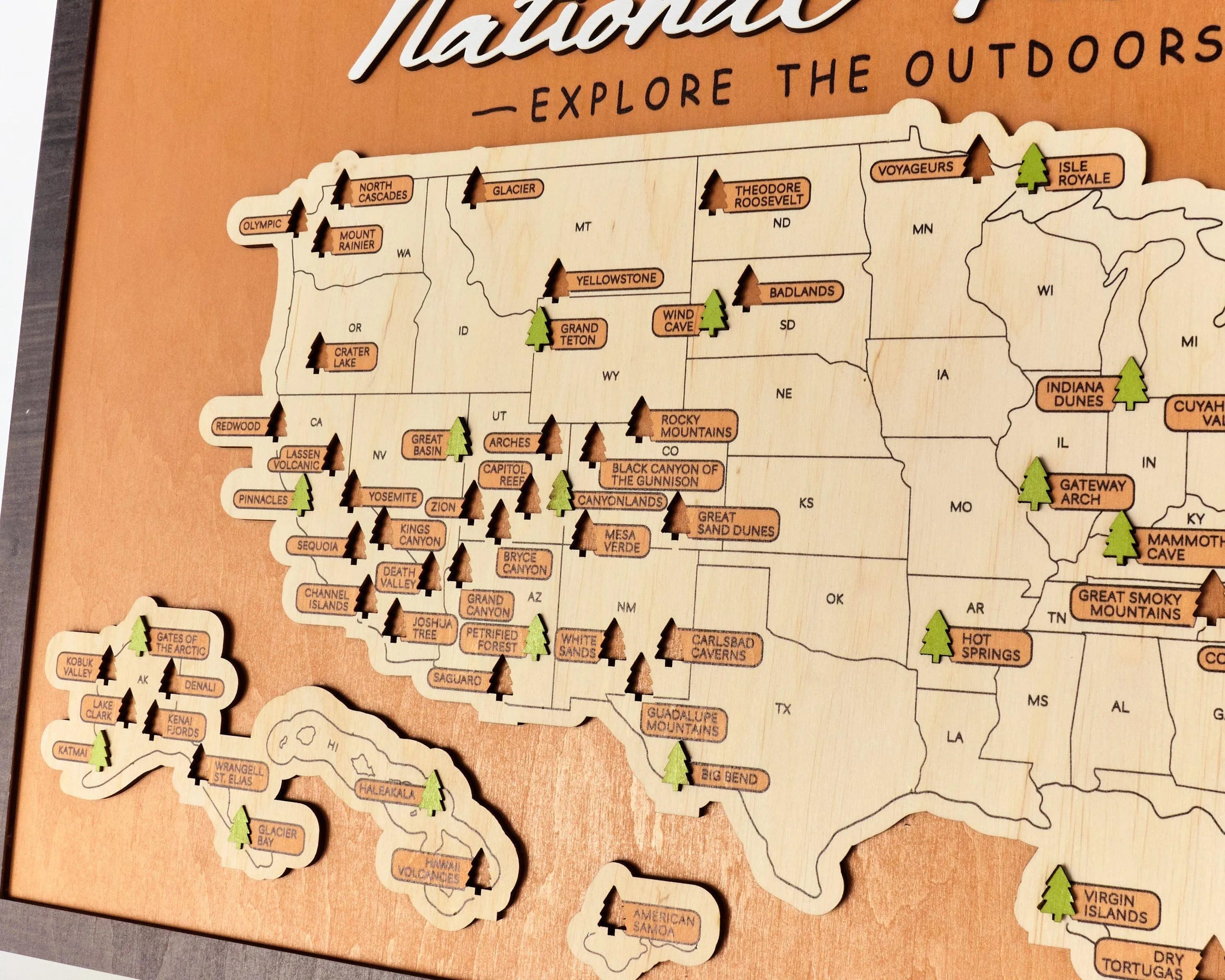 US Wooden National Parks Travel Map With Trees To Record Park Visits (Light Walnut) - Lemap